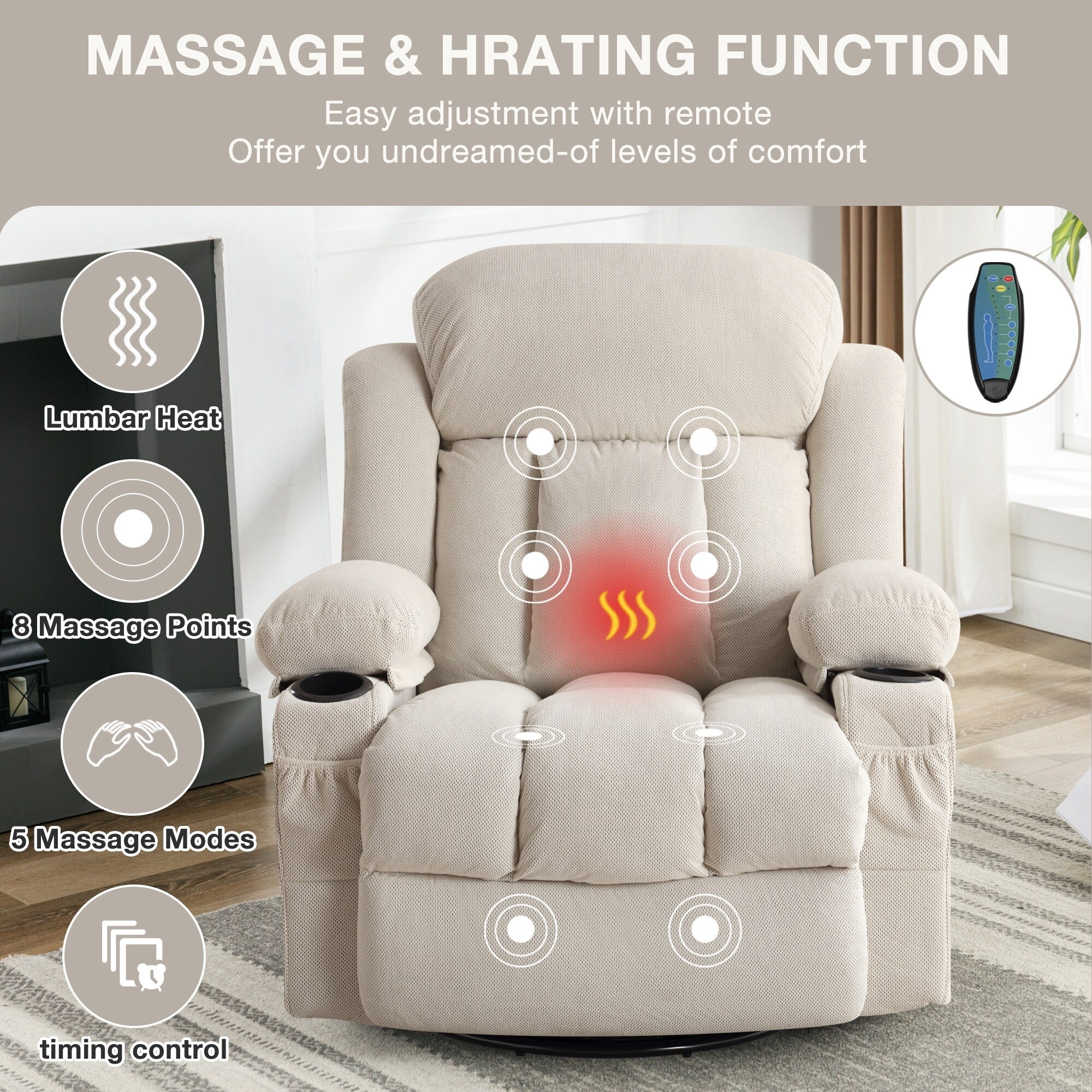 360 Swivel Recliner Massage Heated Sofa Swinging Lounge Chair with USB Charging, Side Pockets and 2 Cup Holders