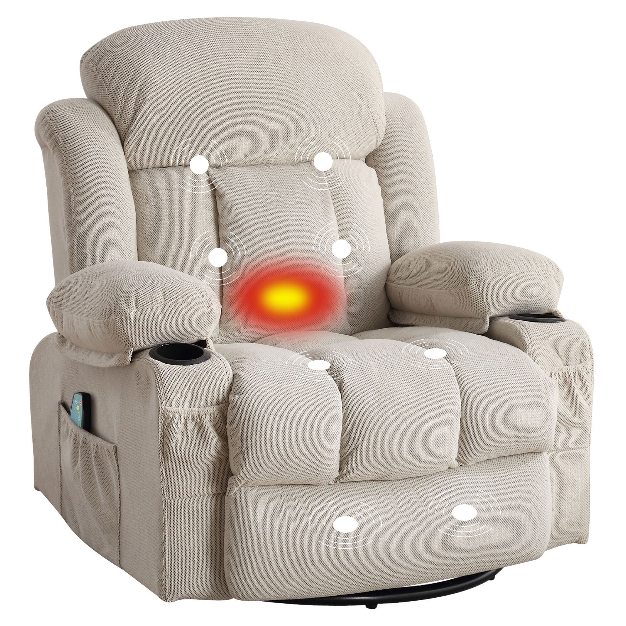 360 Swivel Recliner Massage Heated Sofa Swinging Lounge Chair with USB Charging, Side Pockets and 2 Cup Holders