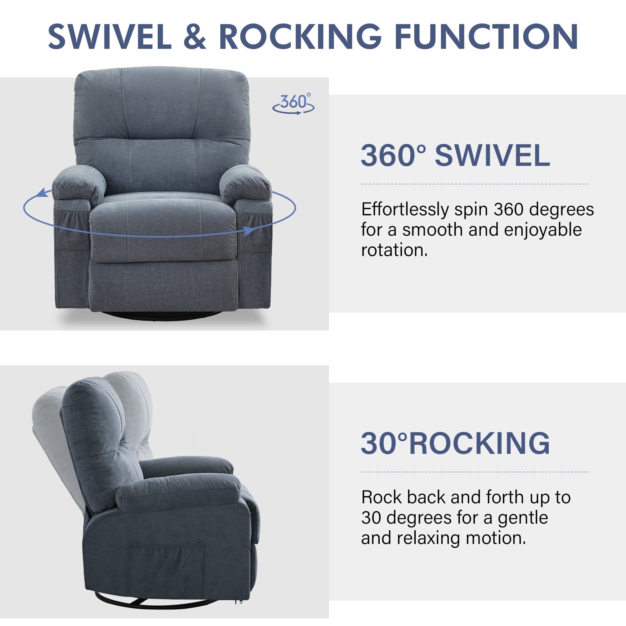360° Rotating Recliner Chair with Adjustable Backrest, Swivel Rocking Armchair with Footrest, Soft Cushions & Side Pockets