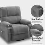 360° Rotating Recliner Chair with Adjustable Backrest, Swivel Rocking Armchair with Footrest, Soft Cushions & Side Pockets