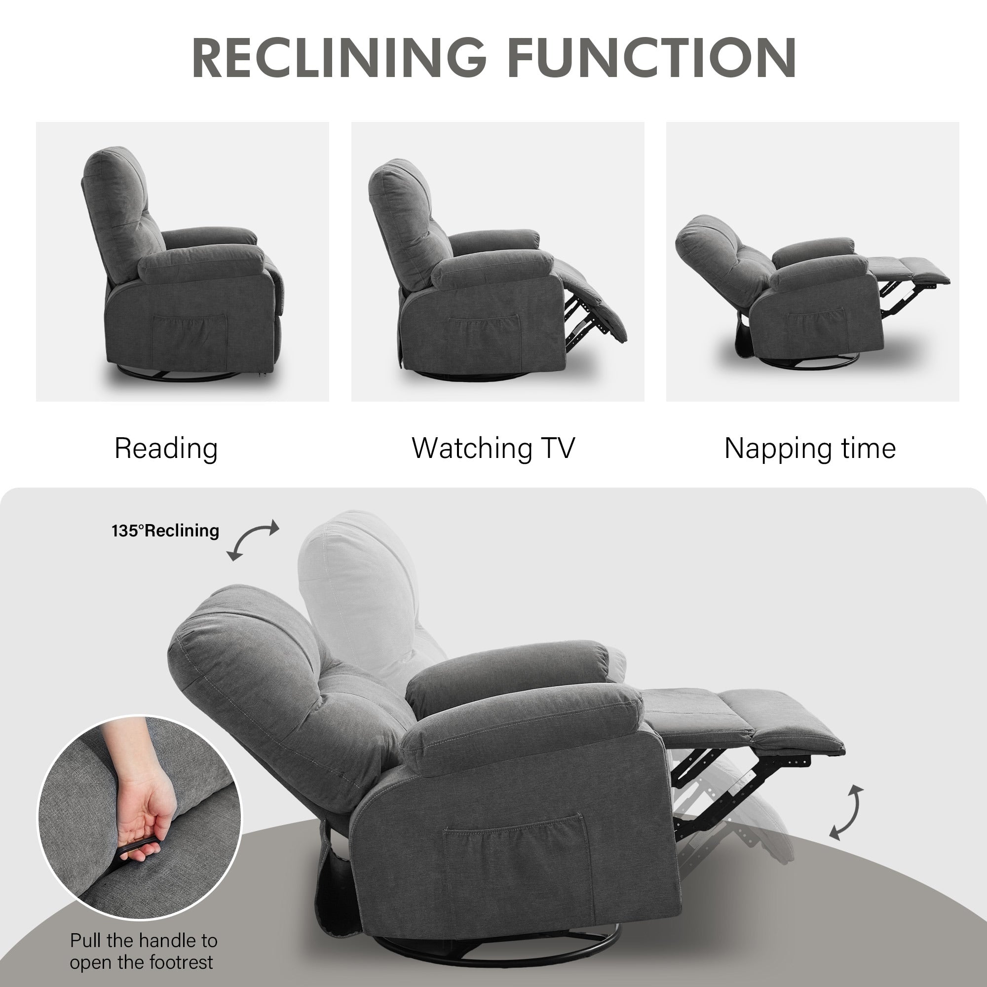 360° Rotating Recliner Chair with Adjustable Backrest, Swivel Rocking Armchair with Footrest, Soft Cushions & Side Pockets