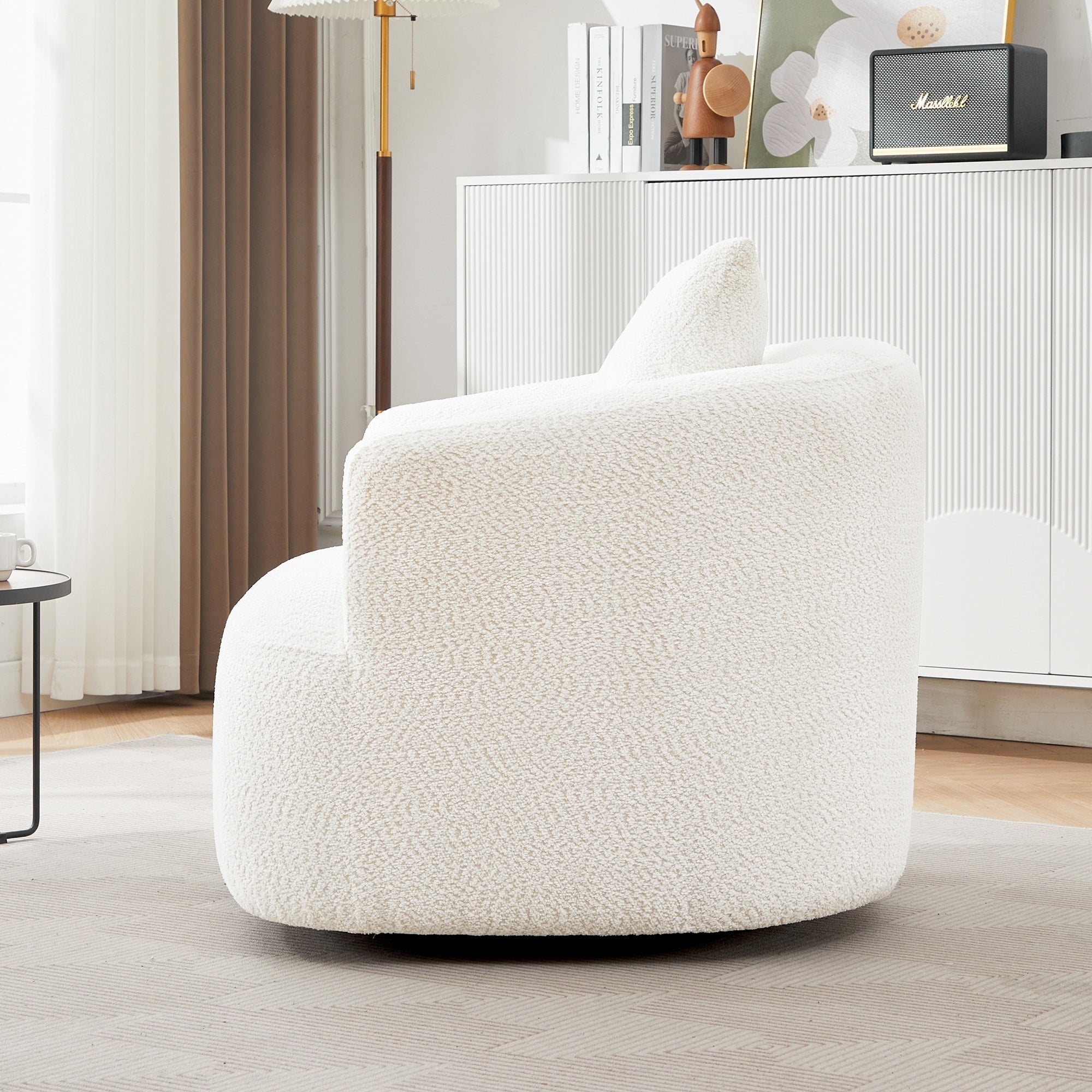 360° Swivel Chair, 38.2 Boucle Accent Chair with Throw Pillow, Upholstered Barrel Sofa Chair with Curved Armrests