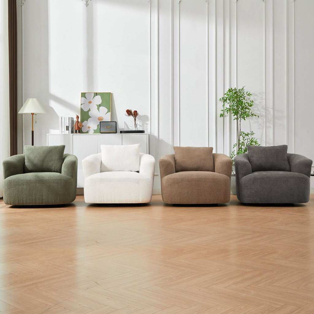 360° Swivel Chair, 38.2 Boucle Accent Chair with Throw Pillow, Upholstered Barrel Sofa Chair with Curved Armrests