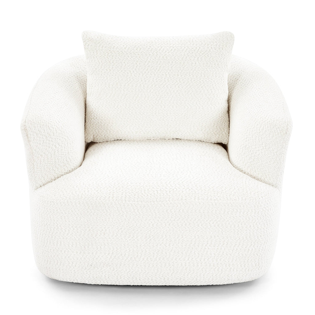 360° Swivel Chair, 38.2 Boucle Accent Chair with Throw Pillow, Upholstered Barrel Sofa Chair with Curved Armrests