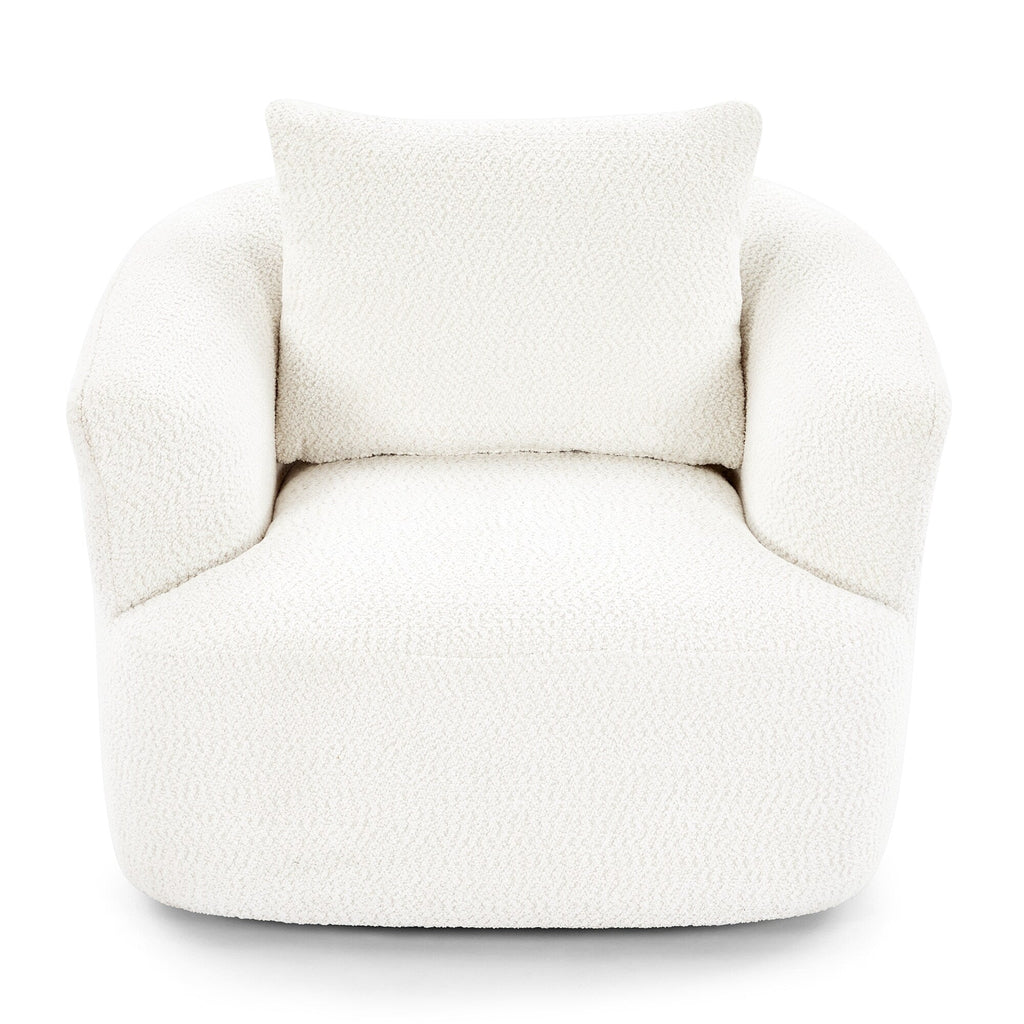 360° Swivel Chair, 38.2 Boucle Accent Chair with Throw Pillow, Upholstered Barrel Sofa Chair with Curved Armrests