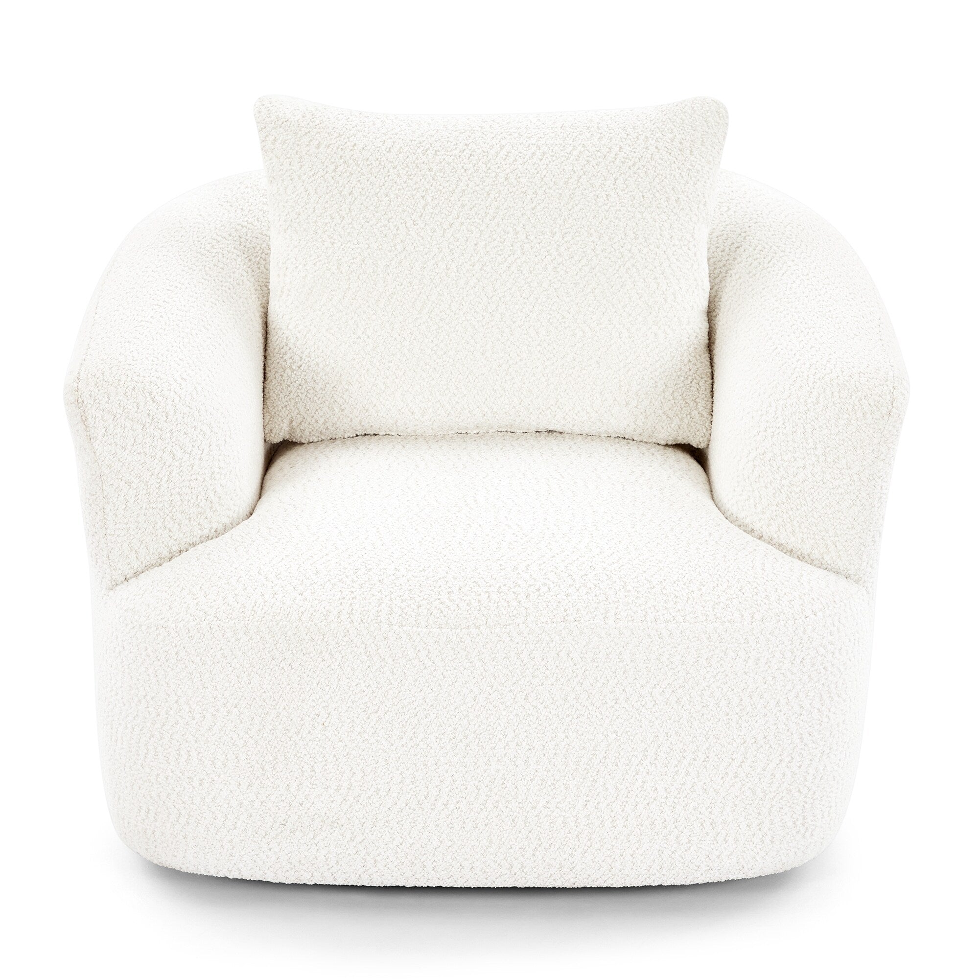 360° Swivel Chair, 38.2 Boucle Accent Chair with Throw Pillow, Upholstered Barrel Sofa Chair with Curved Armrests