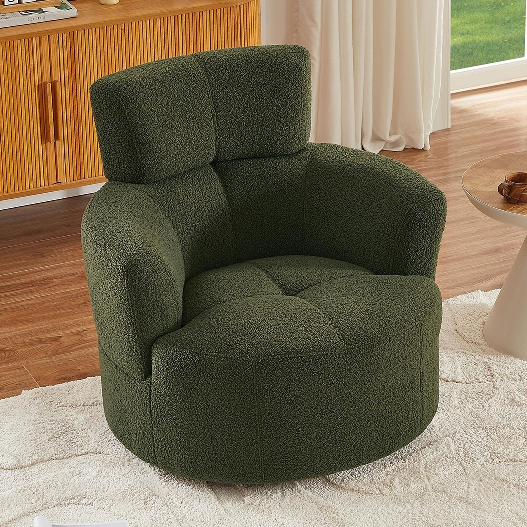 360Â° Swivel Chair, Upholstered Barrel Chair with Adjustable Headrest Modern Swivel Round Sofa Chair for Living Room