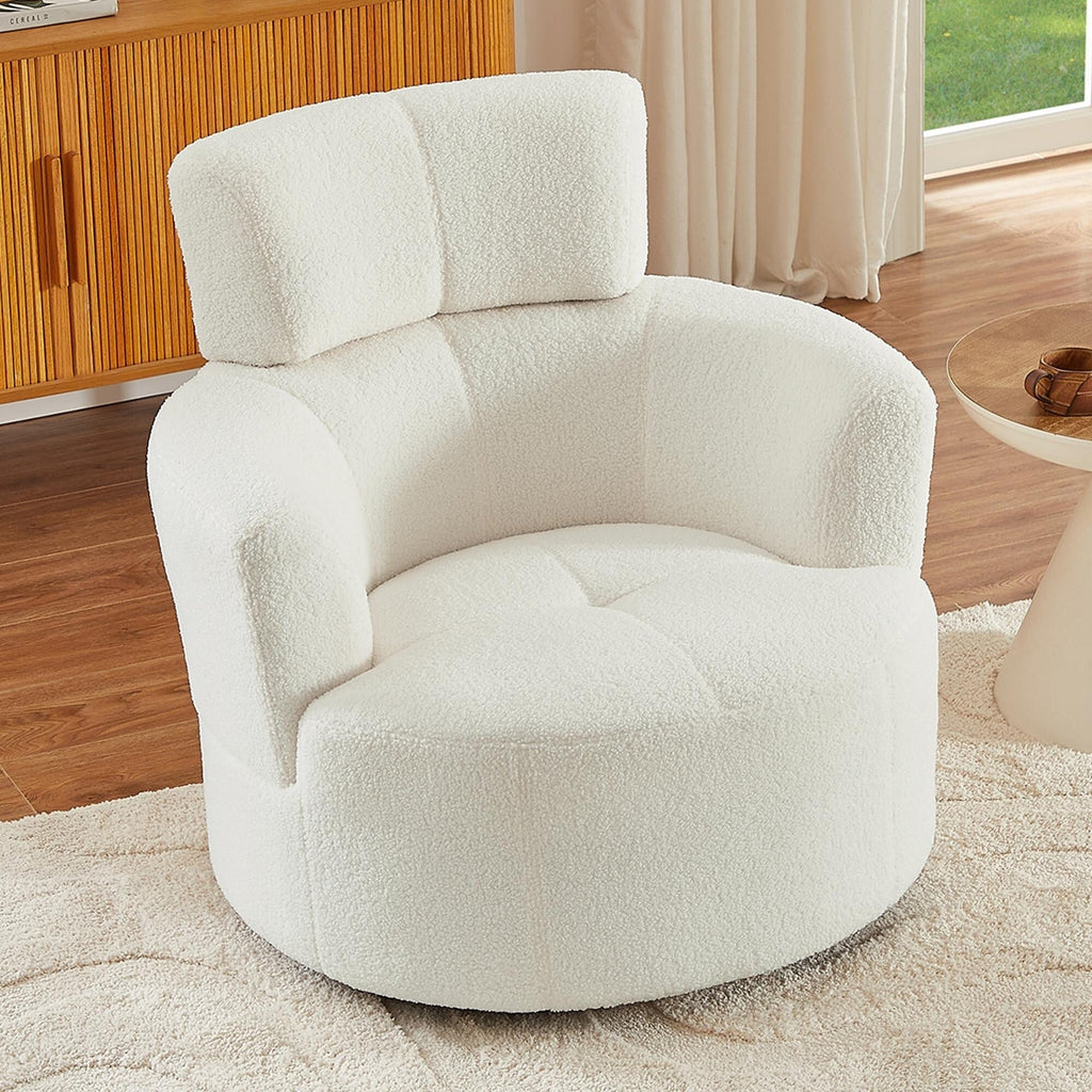 360Â° Swivel Chair, Upholstered Barrel Chair with Adjustable Headrest Modern Swivel Round Sofa Chair for Living Room