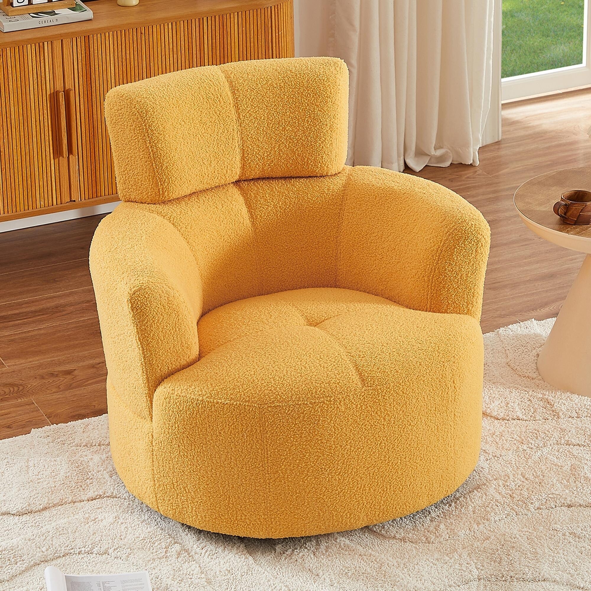 360Â° Swivel Chair, Upholstered Barrel Chair with Adjustable Headrest Modern Swivel Round Sofa Chair for Living Room