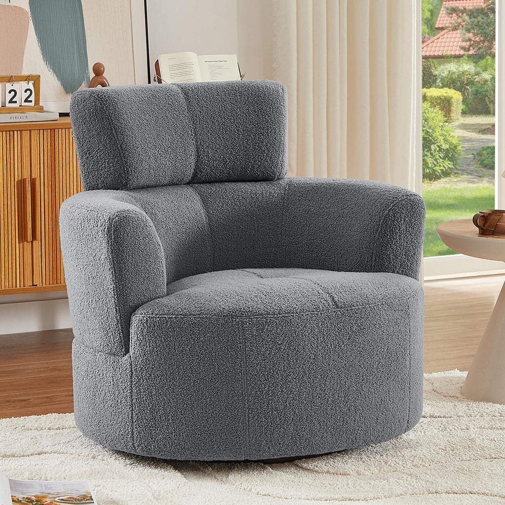 360Â° Swivel Chair, Upholstered Barrel Chair with Adjustable Headrest Modern Swivel Round Sofa Chair for Living Room