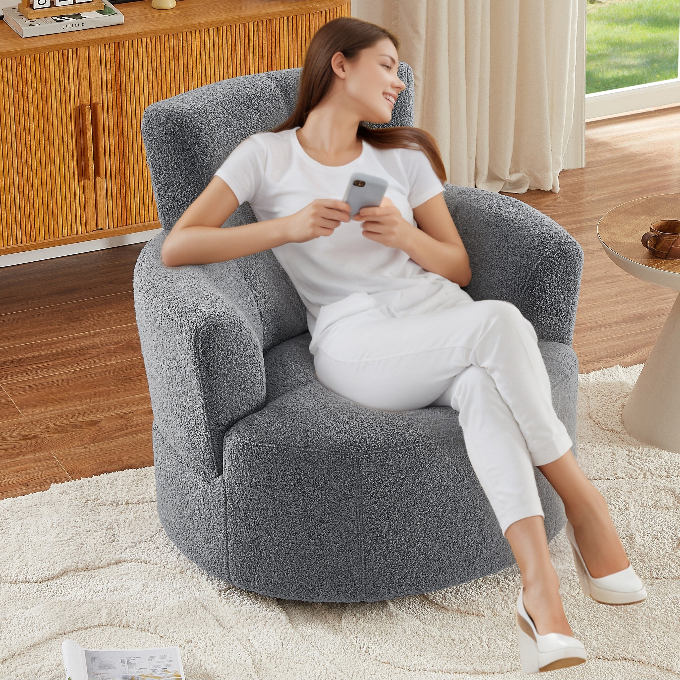 360Â° Swivel Chair, Upholstered Barrel Chair with Adjustable Headrest Modern Swivel Round Sofa Chair for Living Room