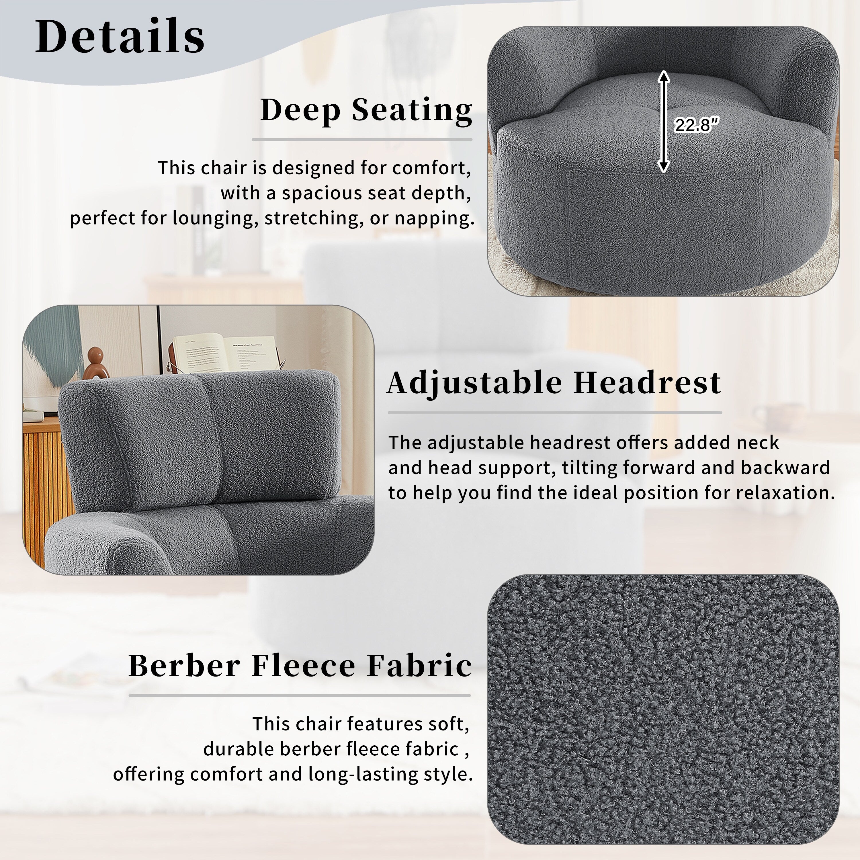 360Â° Swivel Chair, Upholstered Barrel Chair with Adjustable Headrest Modern Swivel Round Sofa Chair for Living Room
