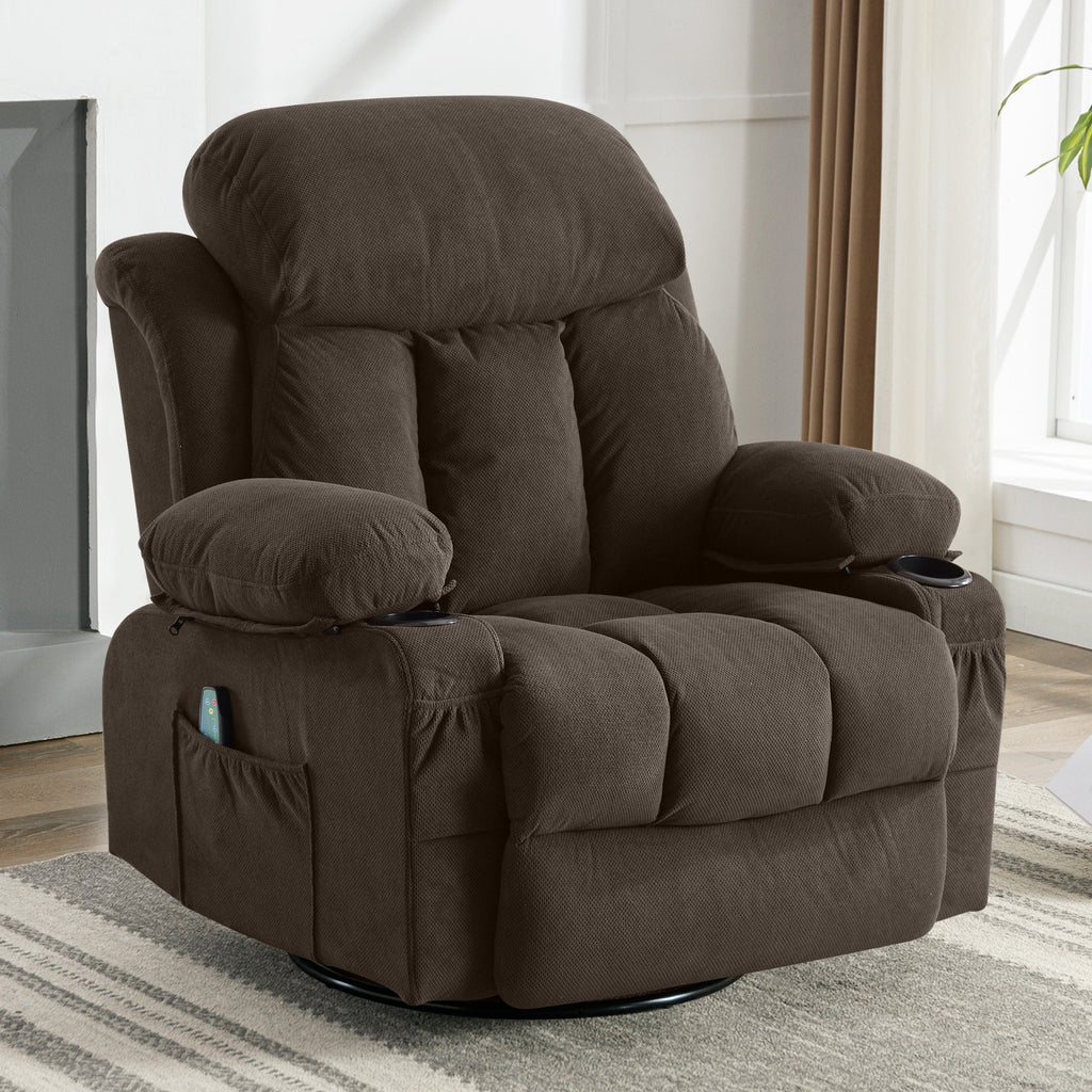 360° Swivel Heated Massage Recliner with USB Charging, Cup Holders, Side Storage, and Plush Fleece Upholstery