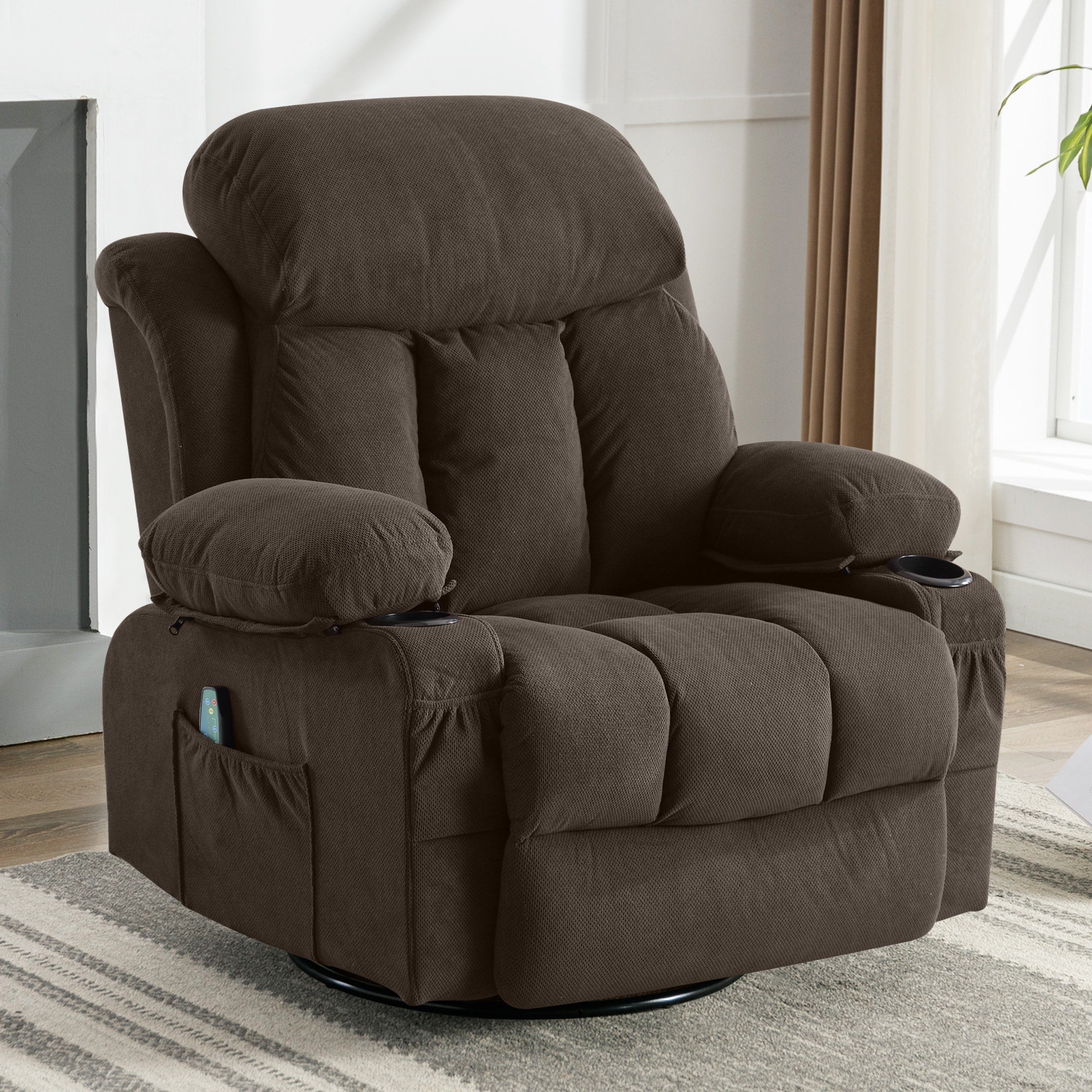 360° Swivel Heated Massage Recliner with USB Charging, Cup Holders, Side Storage, and Plush Fleece Upholstery