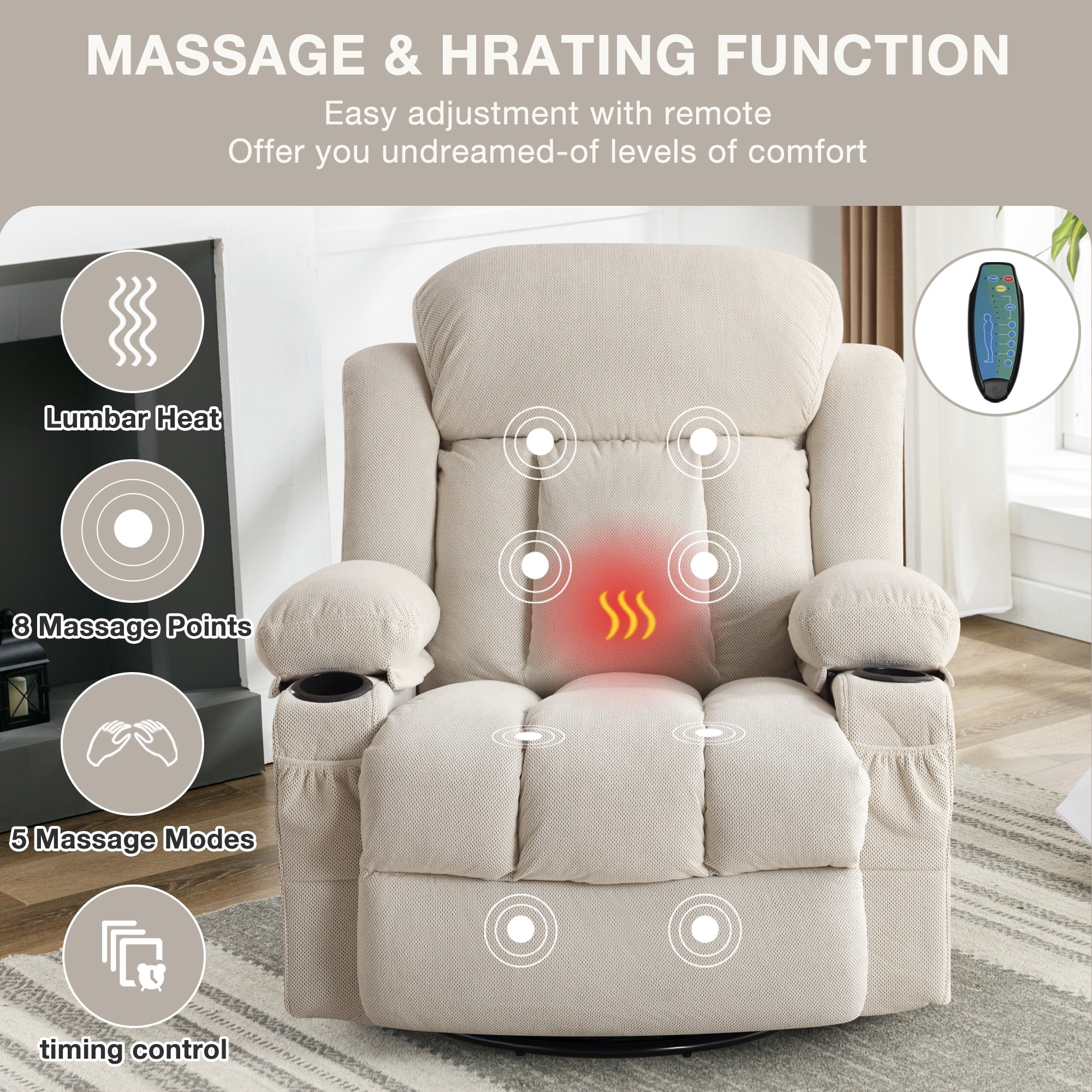 360° Swivel Heated Massage Recliner with USB Charging, Cup Holders, Side Storage, and Plush Fleece Upholstery