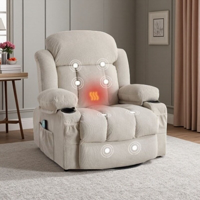 360° Swivel Heated Massage Recliner with USB Charging, Cup Holders, Side Storage, and Plush Fleece Upholstery