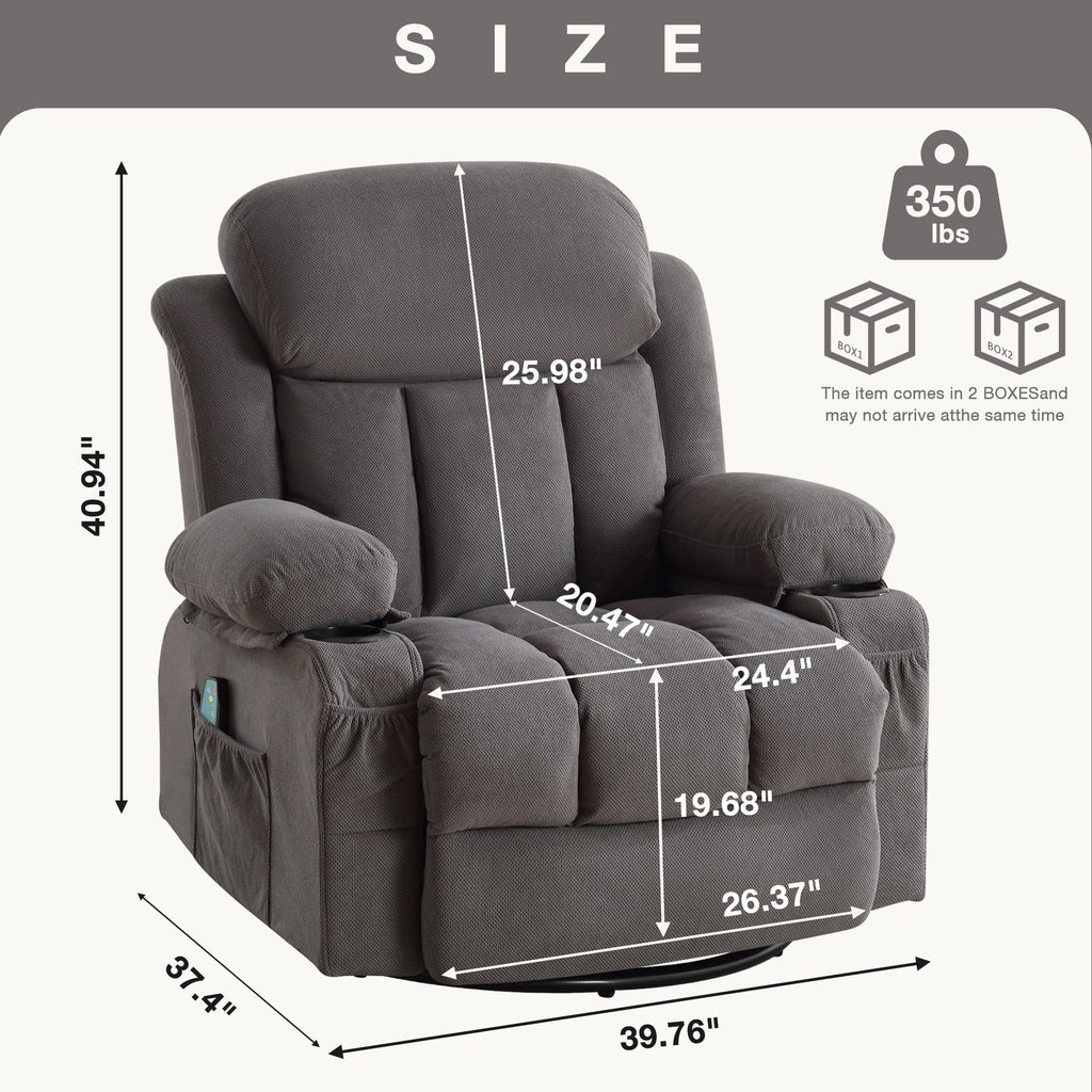 360° Swivel Heated Massage Recliner with USB Charging, Cup Holders, Side Storage, and Plush Fleece Upholstery