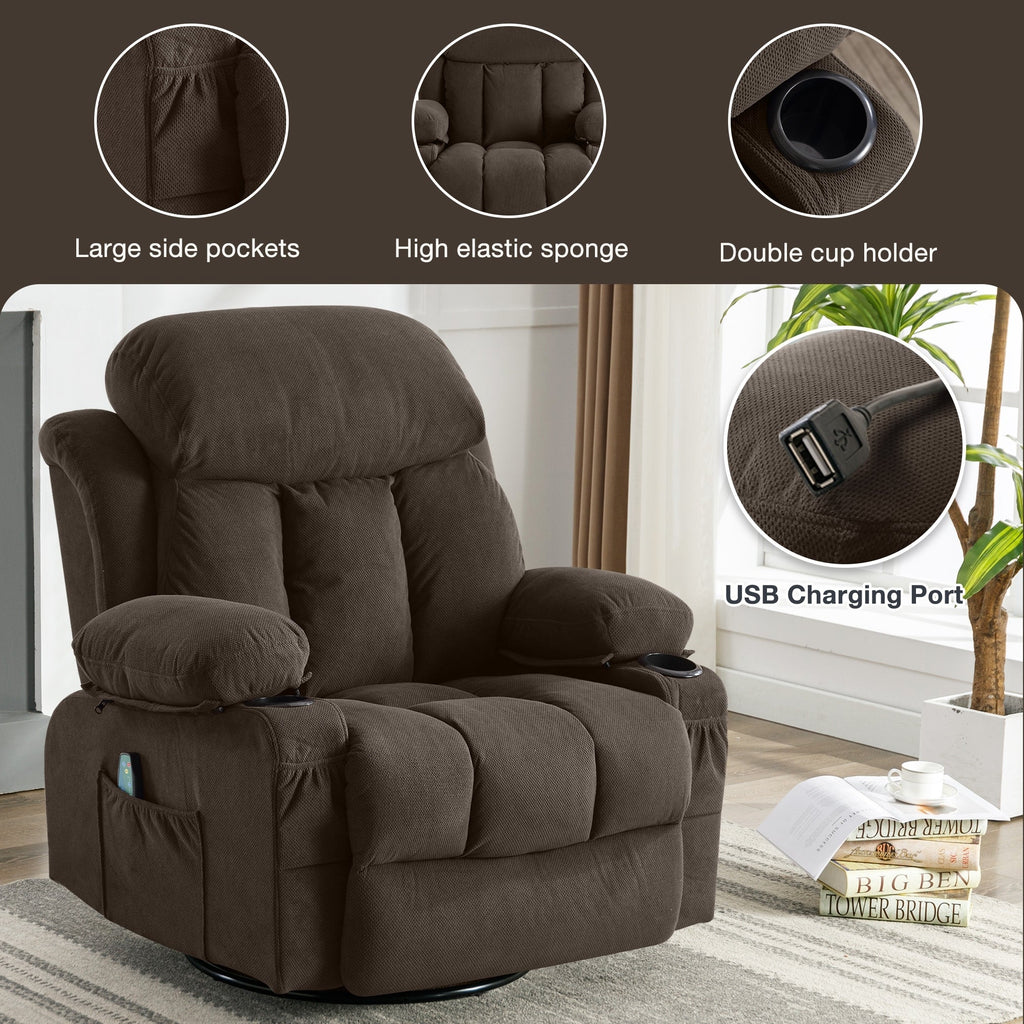 360° Swivel Heated Massage Recliner with USB Charging, Cup Holders, Side Storage, and Plush Fleece Upholstery