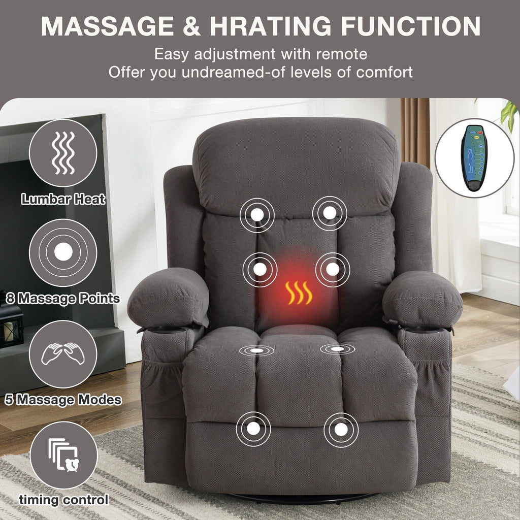 360° Swivel Heated Massage Recliner with USB Charging, Cup Holders, Side Storage, and Plush Fleece Upholstery