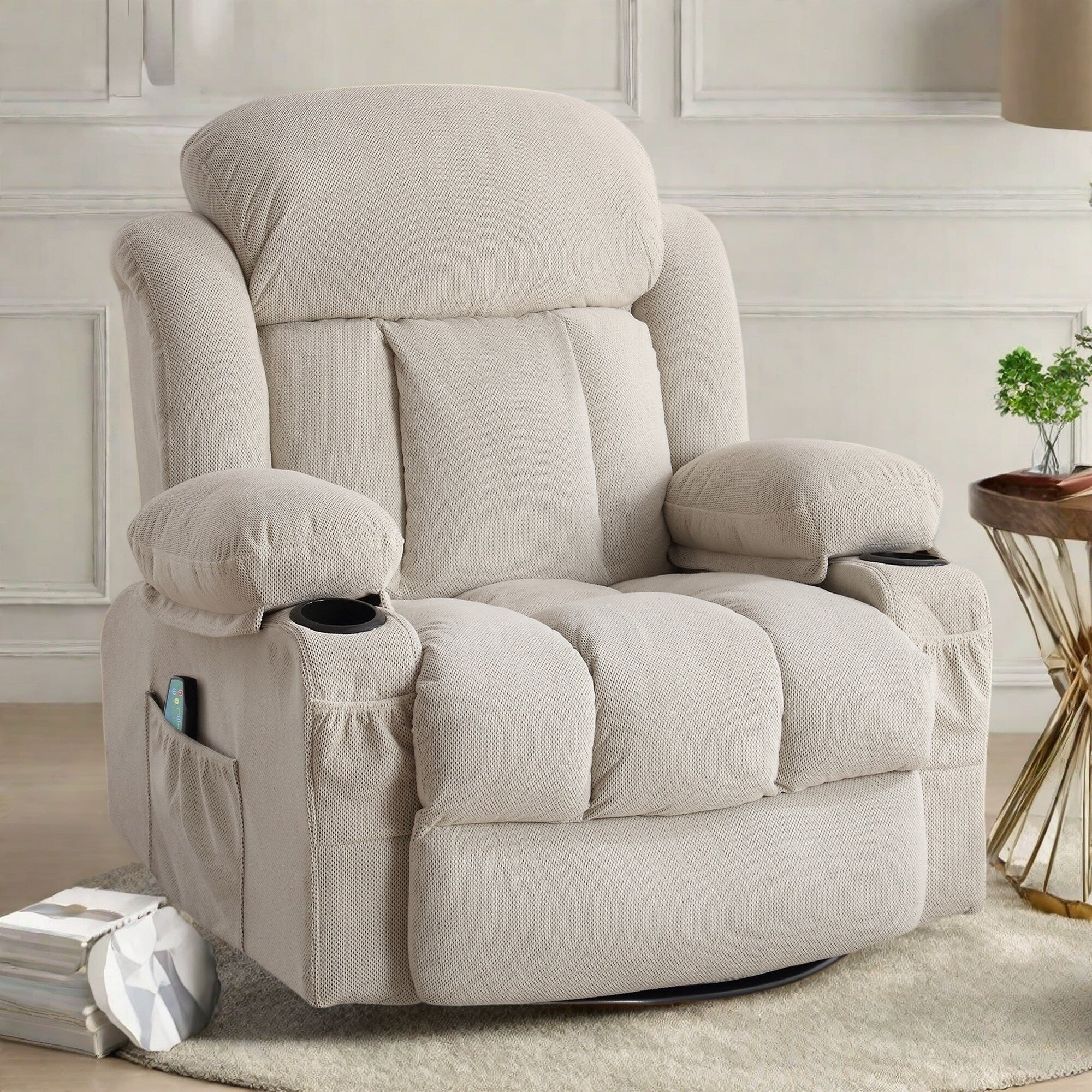 360° Swivel Massage Recliner Chair in Soft Velvet with Heat, USB, Manual Recline and Storage Pockets
