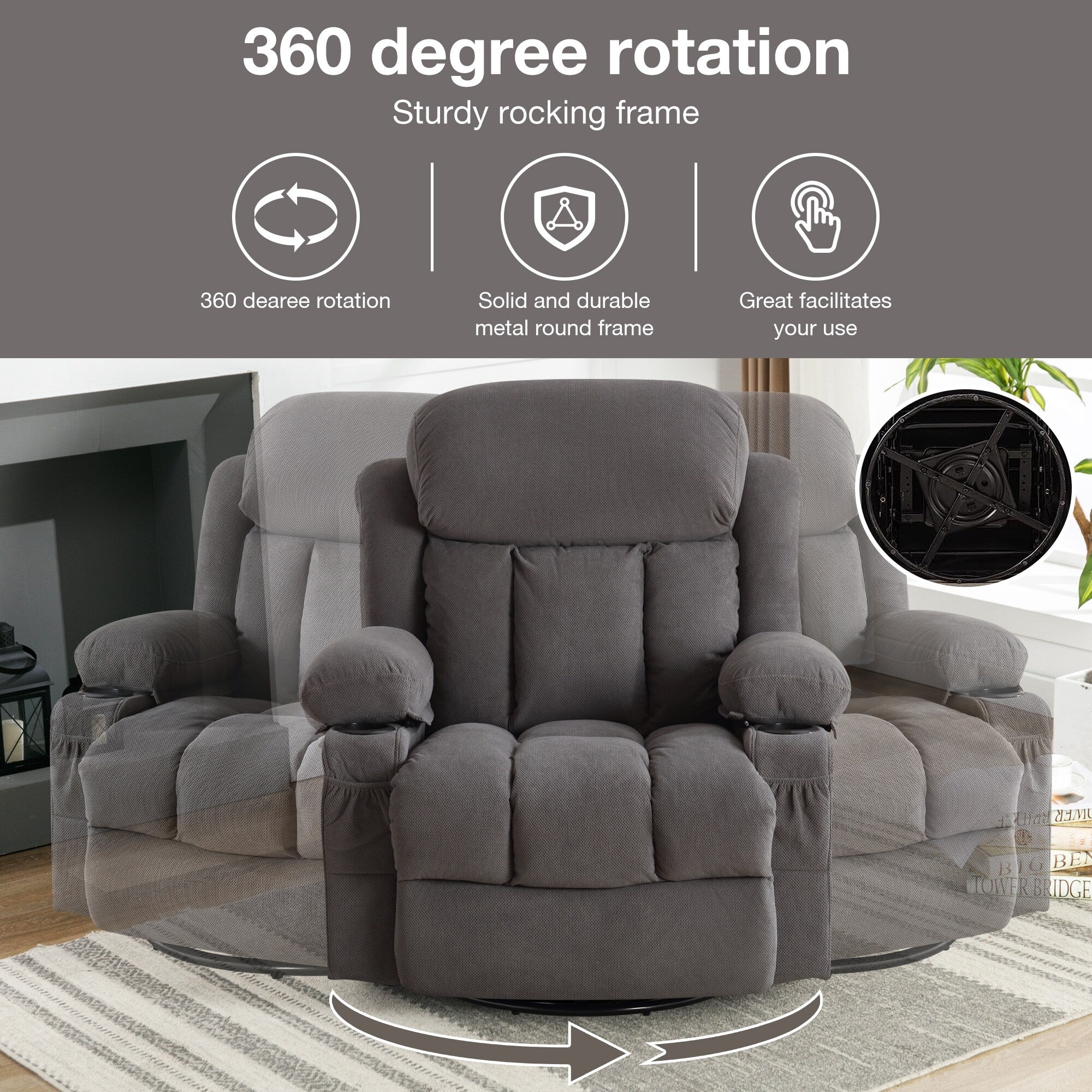 360° Swivel Massage Recliner Chair in Soft Velvet with Heat, USB, Manual Recline and Storage Pockets