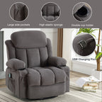 360° Swivel Massage Recliner Chair in Soft Velvet with Heat, USB, Manual Recline and Storage Pockets