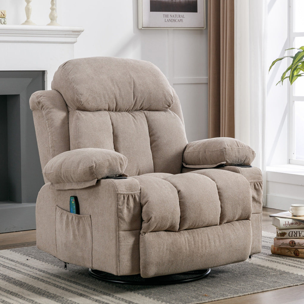 360° Swivel Recliner with Massage, Heat, USB Charging, Dual Cup Holders, and Spacious Side Pockets