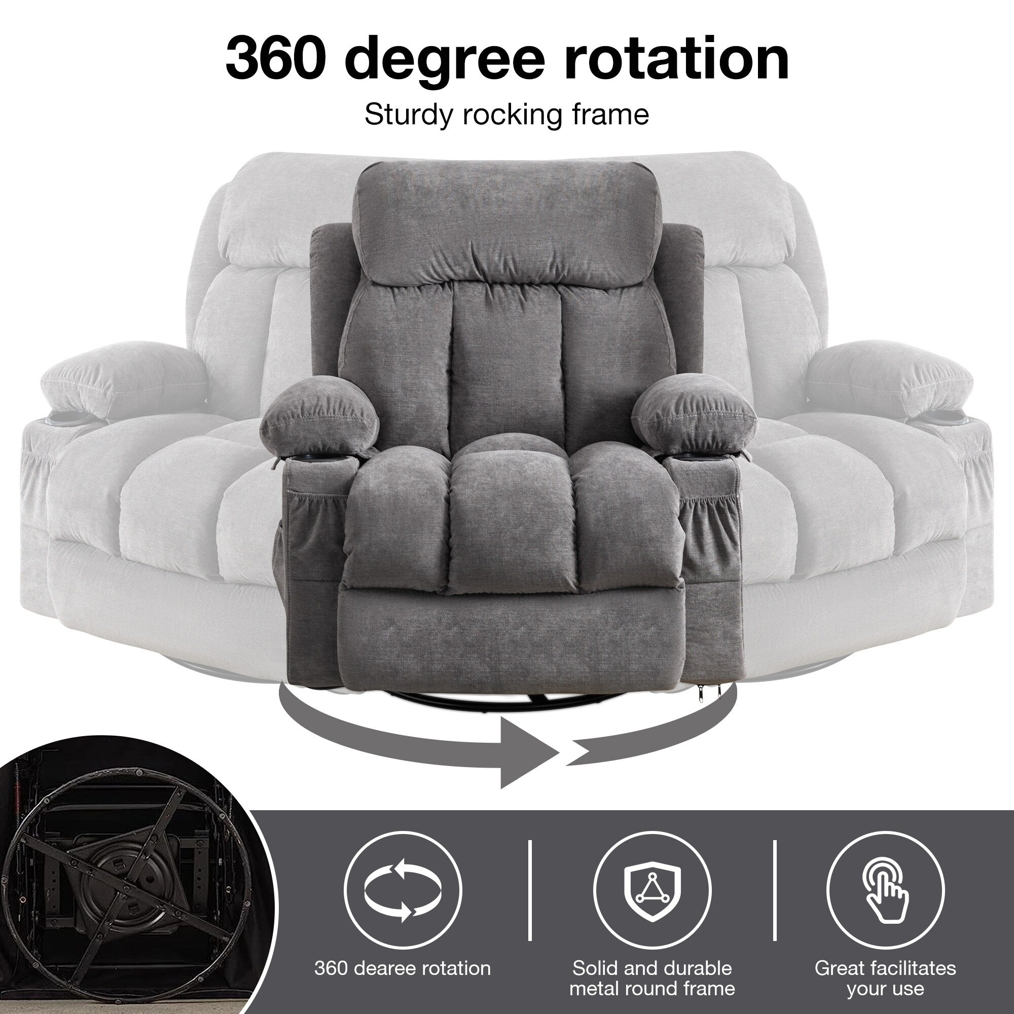360° Swivel Recliner with Massage, Heat, USB Charging, Dual Cup Holders, and Spacious Side Pockets