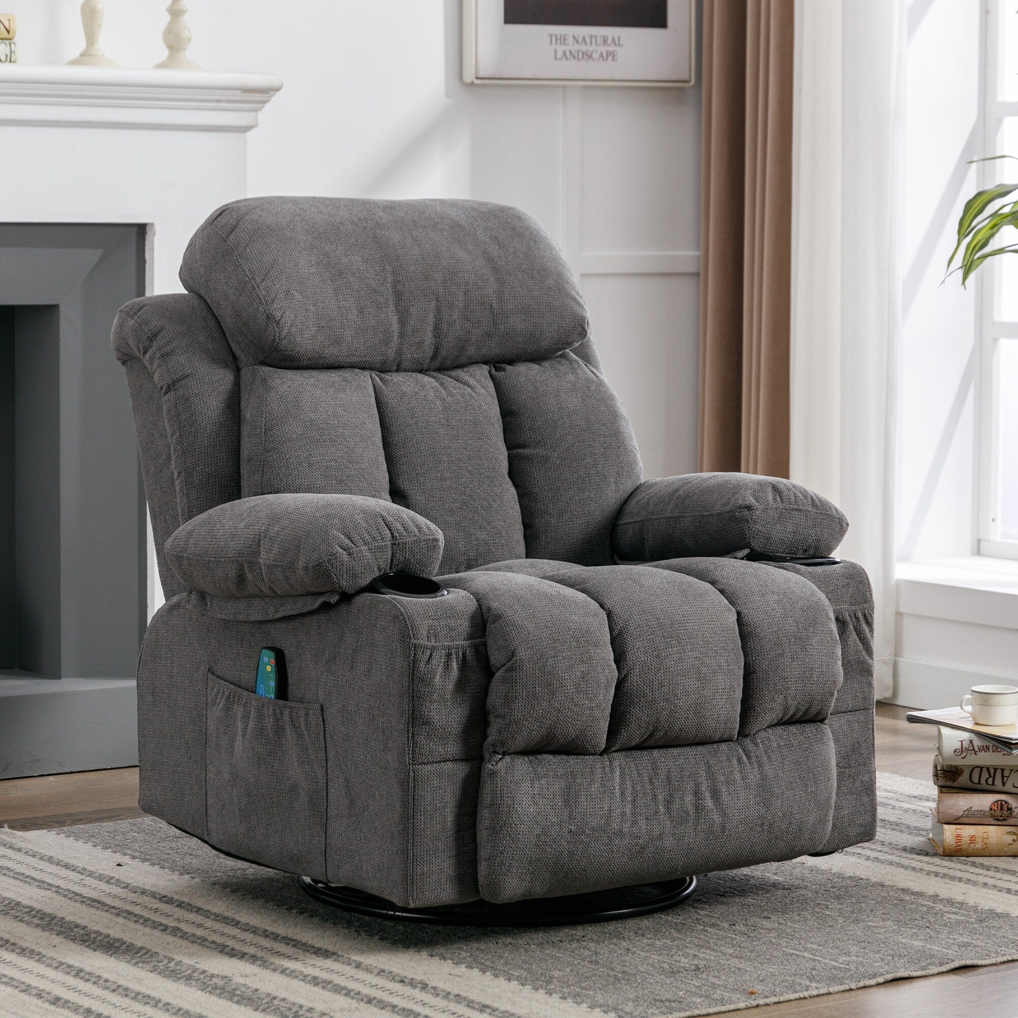 360° Swivel Recliner with Massage, Heat, USB Charging, Dual Cup Holders, and Spacious Side Pockets