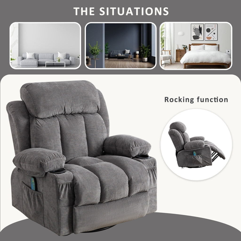 360° Swivel Recliner with Massage, Heat, USB Charging, Dual Cup Holders, and Spacious Side Pockets