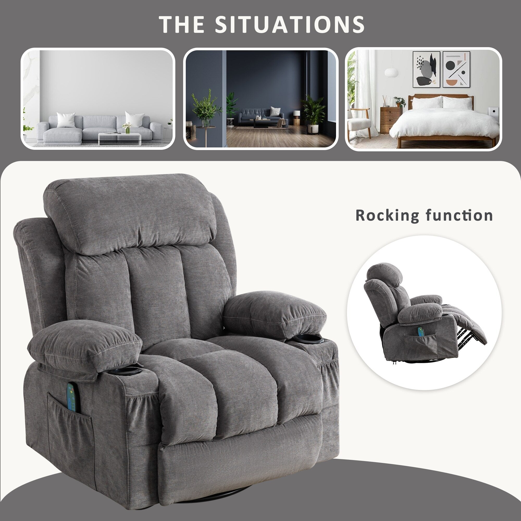 360° Swivel Recliner with Massage, Heat, USB Charging, Dual Cup Holders, and Spacious Side Pockets
