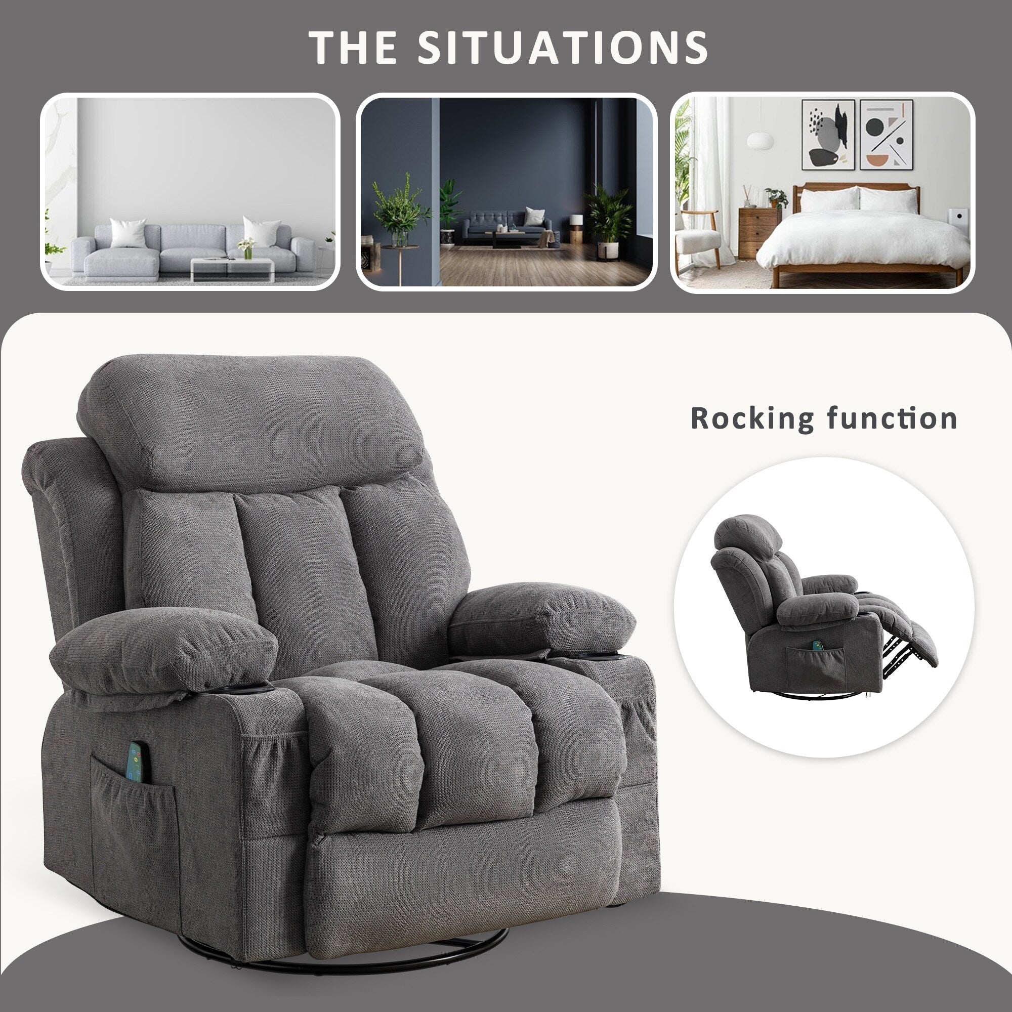 360° Swivel Recliner with Massage, Heat, USB Charging, Dual Cup Holders, and Spacious Side Pockets