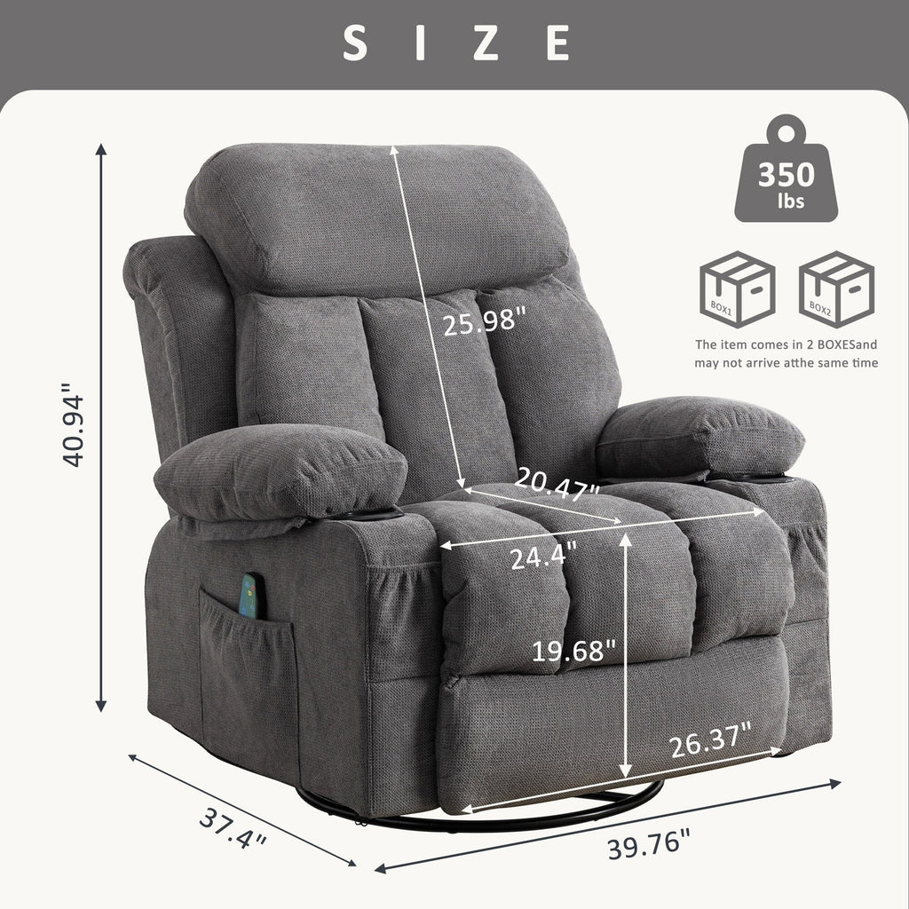 360° Swivel Recliner with Massage, Heat, USB Charging, Dual Cup Holders, and Spacious Side Pockets