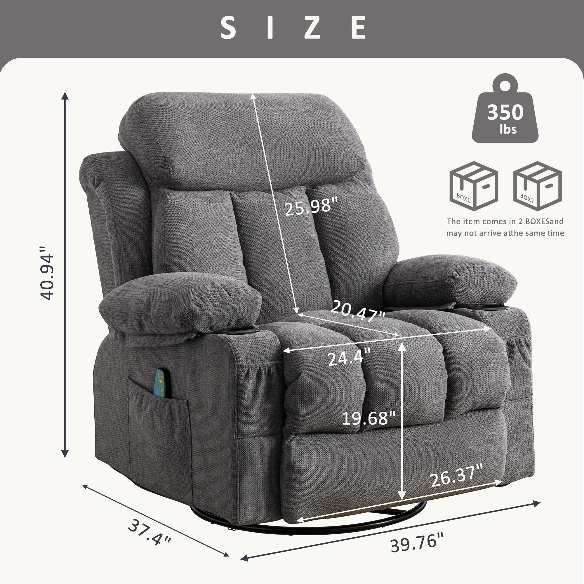 360° Swivel Recliner with Massage, Heat, USB Charging, Dual Cup Holders, and Spacious Side Pockets