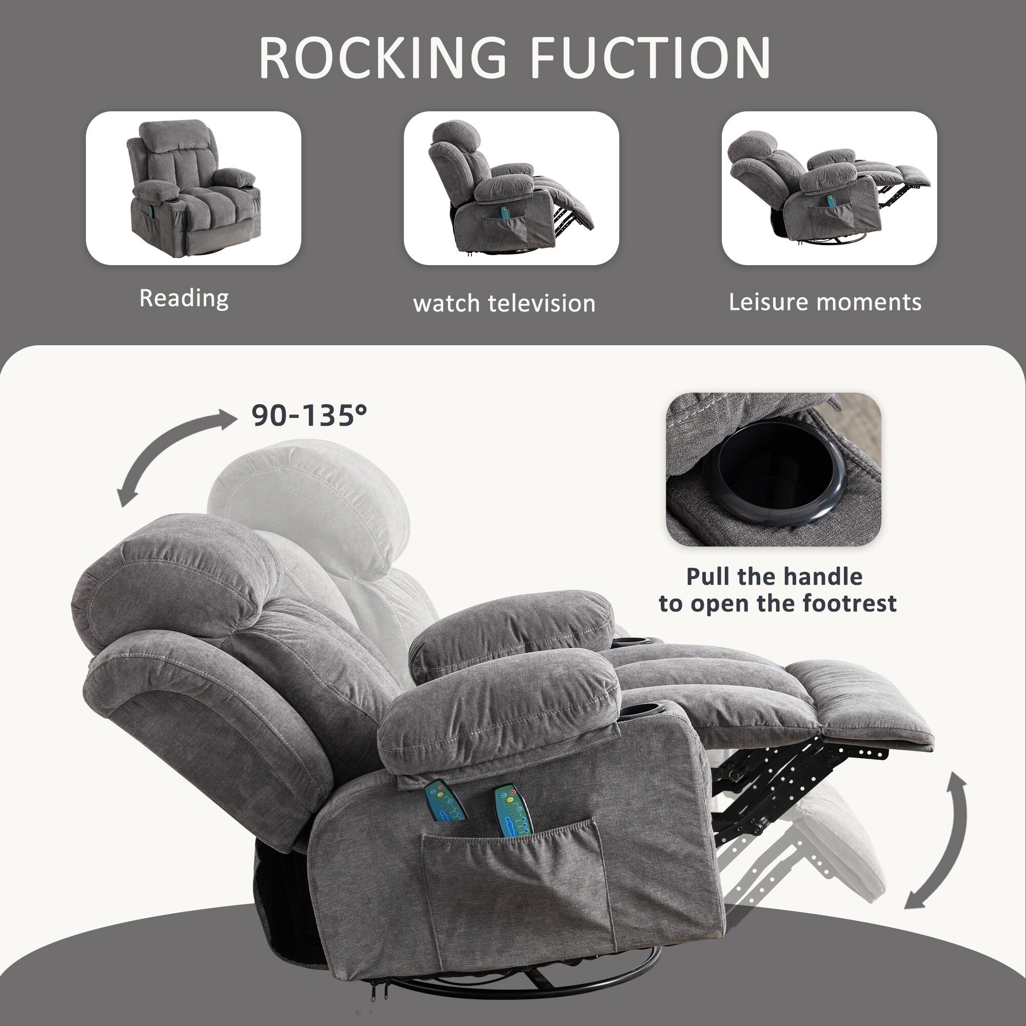 360° Swivel Recliner with Massage, Heat, USB Charging, Dual Cup Holders, and Spacious Side Pockets
