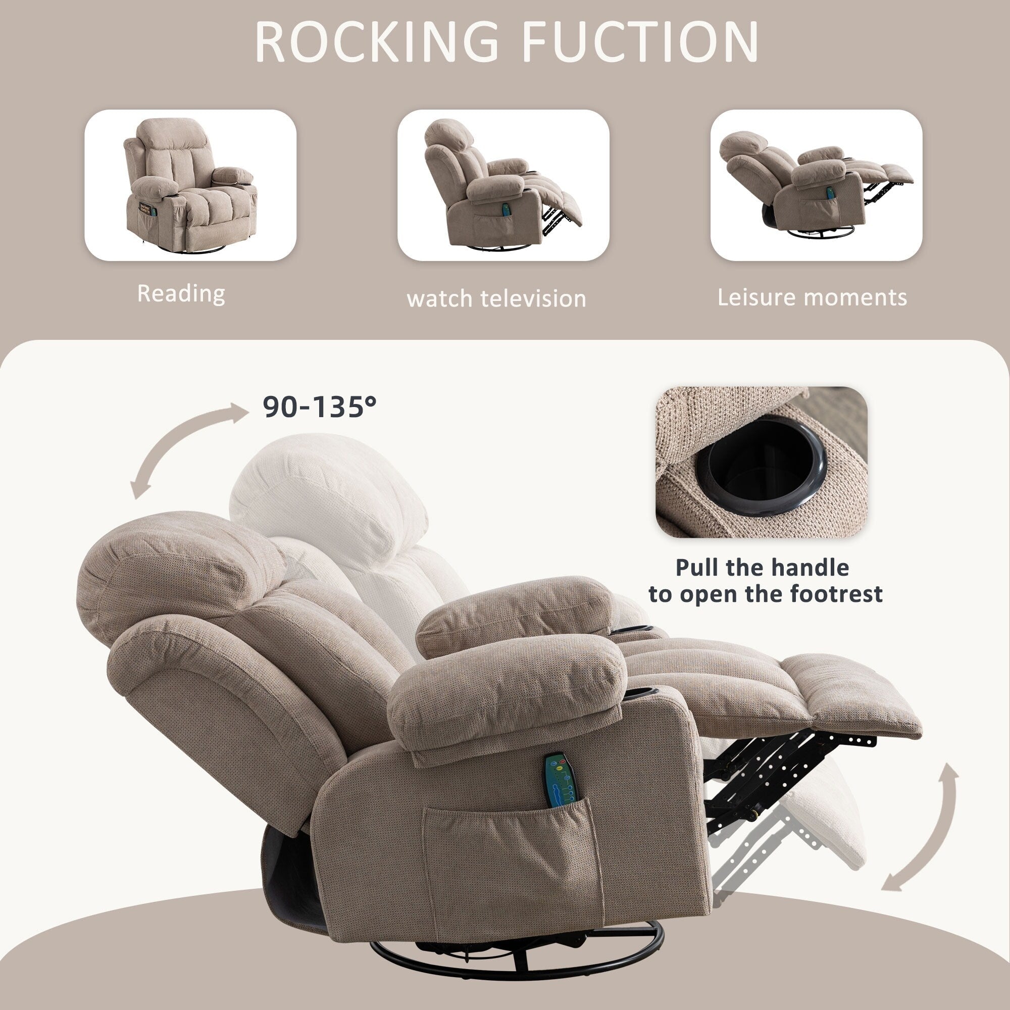 360° Swivel Recliner with Massage, Heat, USB Charging, Dual Cup Holders, and Spacious Side Pockets