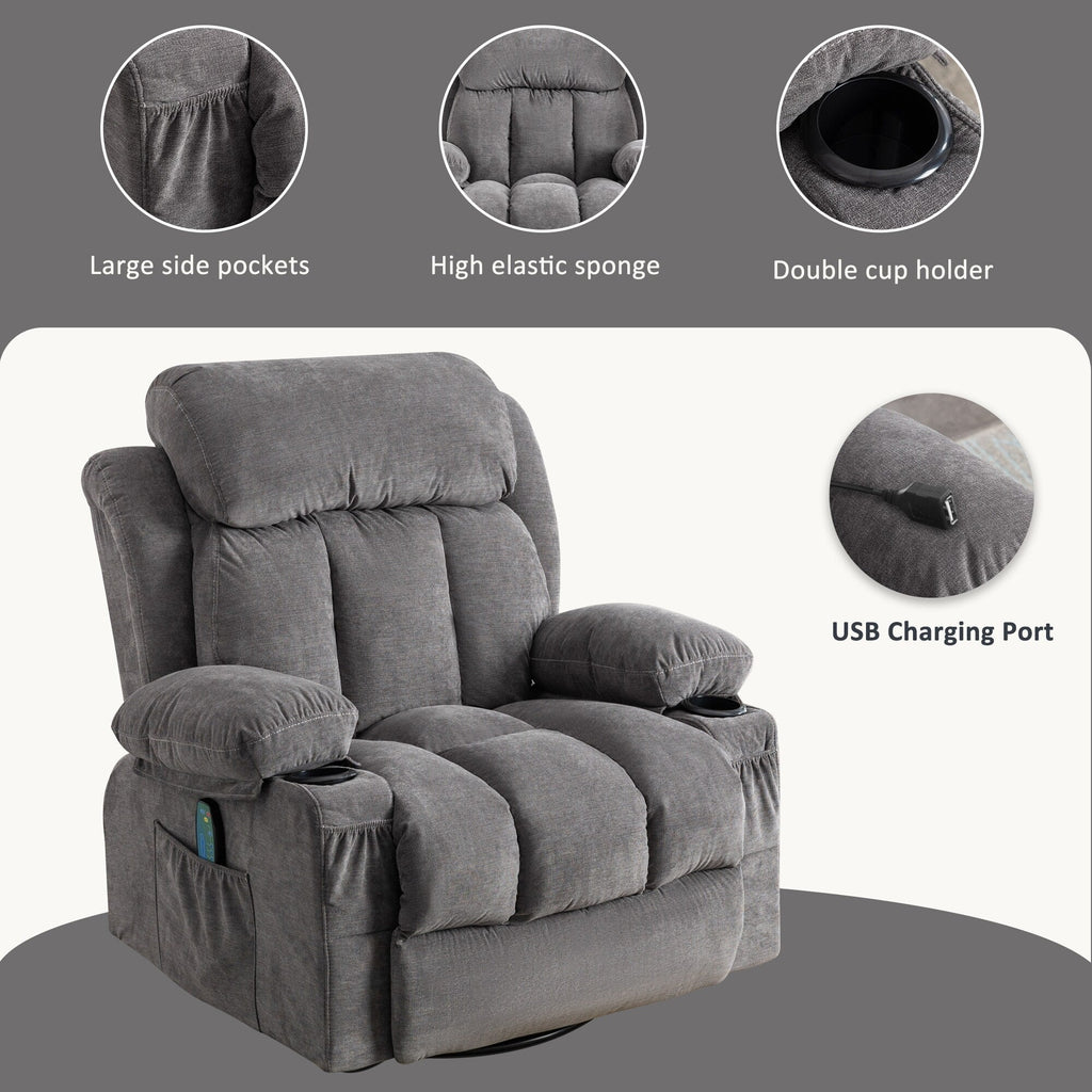 360° Swivel Recliner with Massage, Heat, USB Charging, Dual Cup Holders, and Spacious Side Pockets
