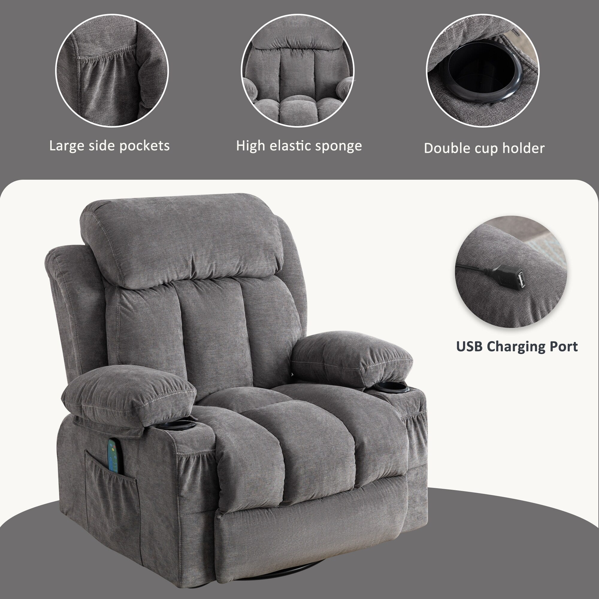 360° Swivel Recliner with Massage, Heat, USB Charging, Dual Cup Holders, and Spacious Side Pockets