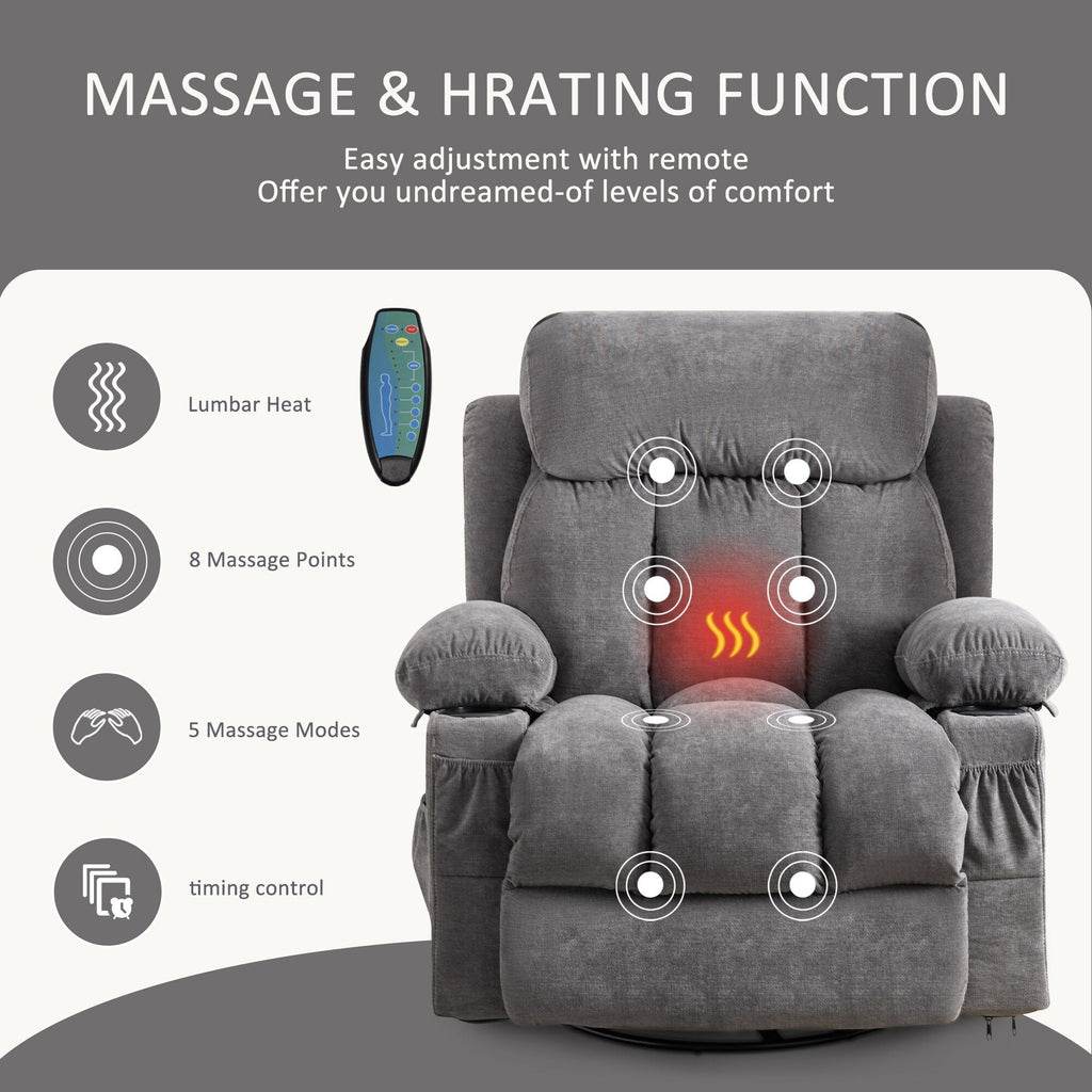 360° Swivel Recliner with Massage, Heat, USB Charging, Dual Cup Holders, and Spacious Side Pockets