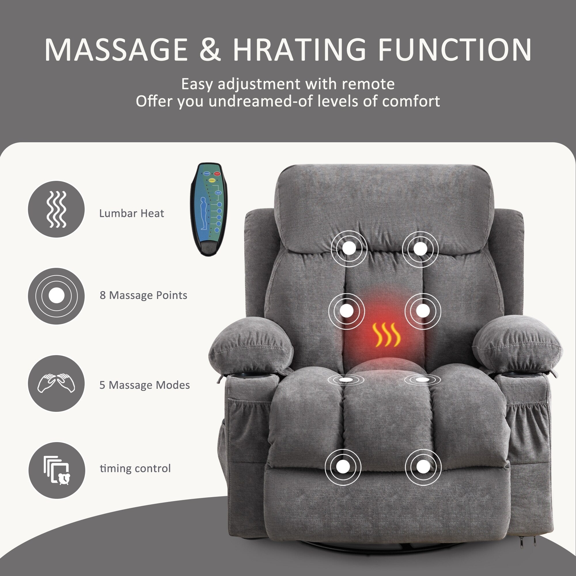 360° Swivel Recliner with Massage, Heat, USB Charging, Dual Cup Holders, and Spacious Side Pockets