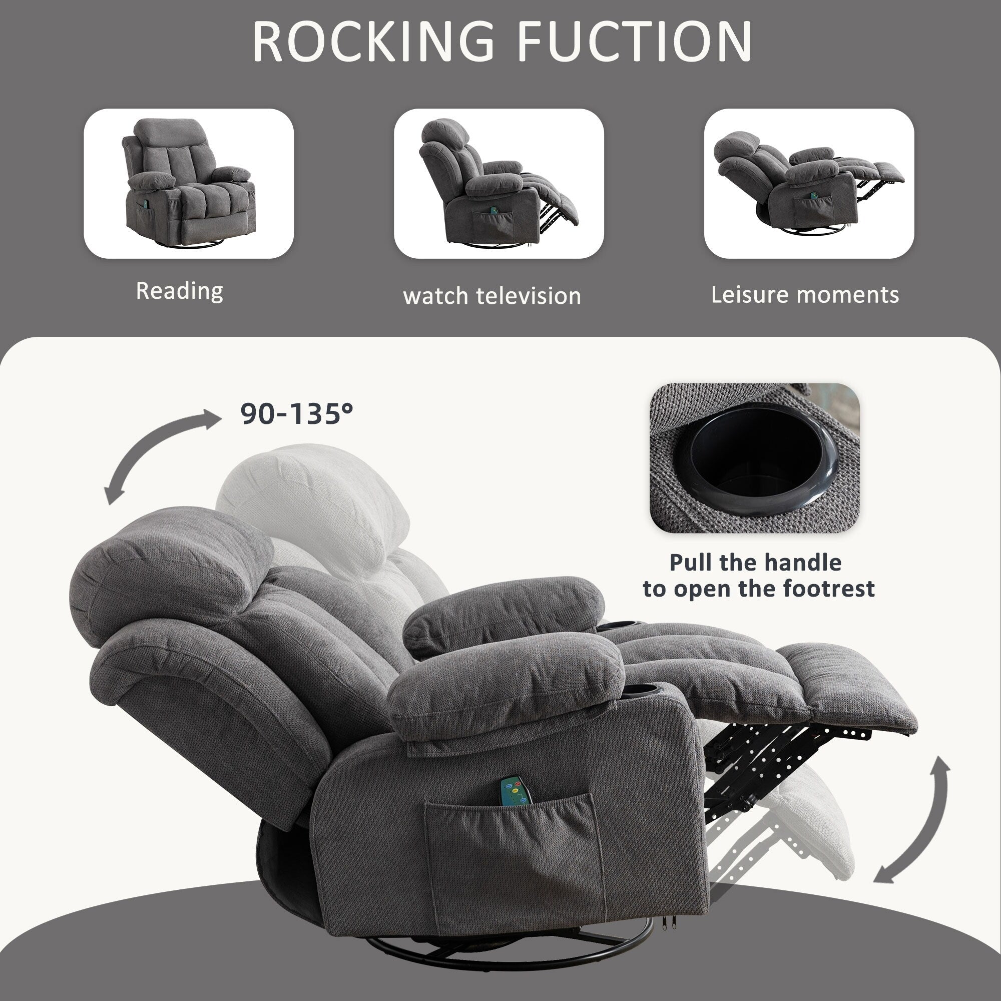 360° Swivel Recliner with Massage, Heat, USB Charging, Dual Cup Holders, and Spacious Side Pockets
