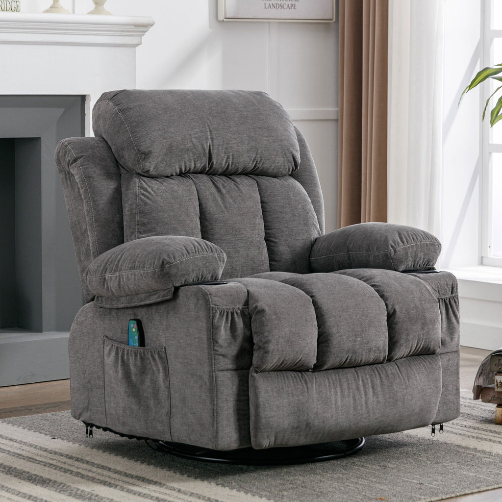 360° Swivel Recliner with Massage, Heat, USB Charging, Dual Cup Holders, and Spacious Side Pockets