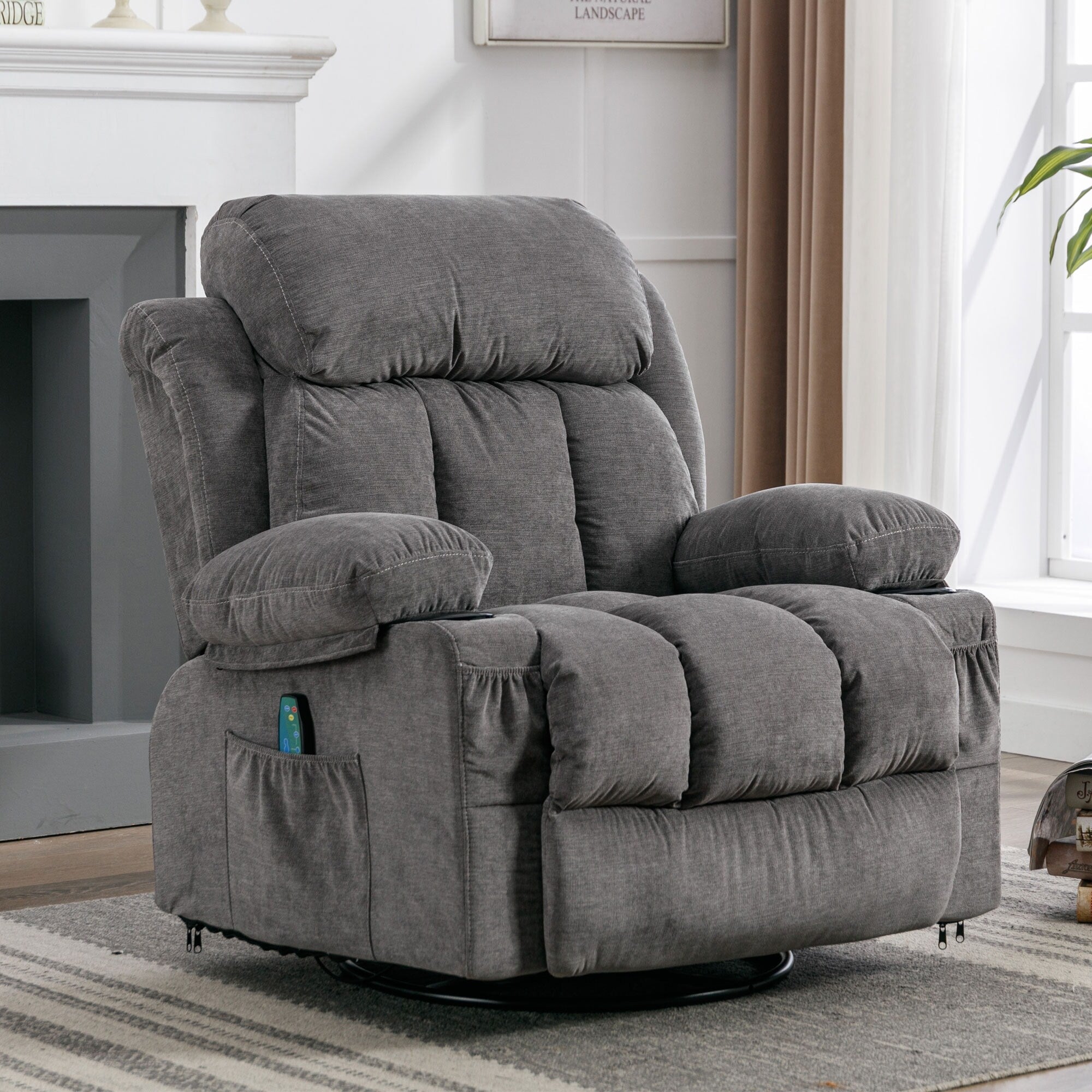 360° Swivel Recliner with Massage, Heat, USB Charging, Dual Cup Holders, and Spacious Side Pockets