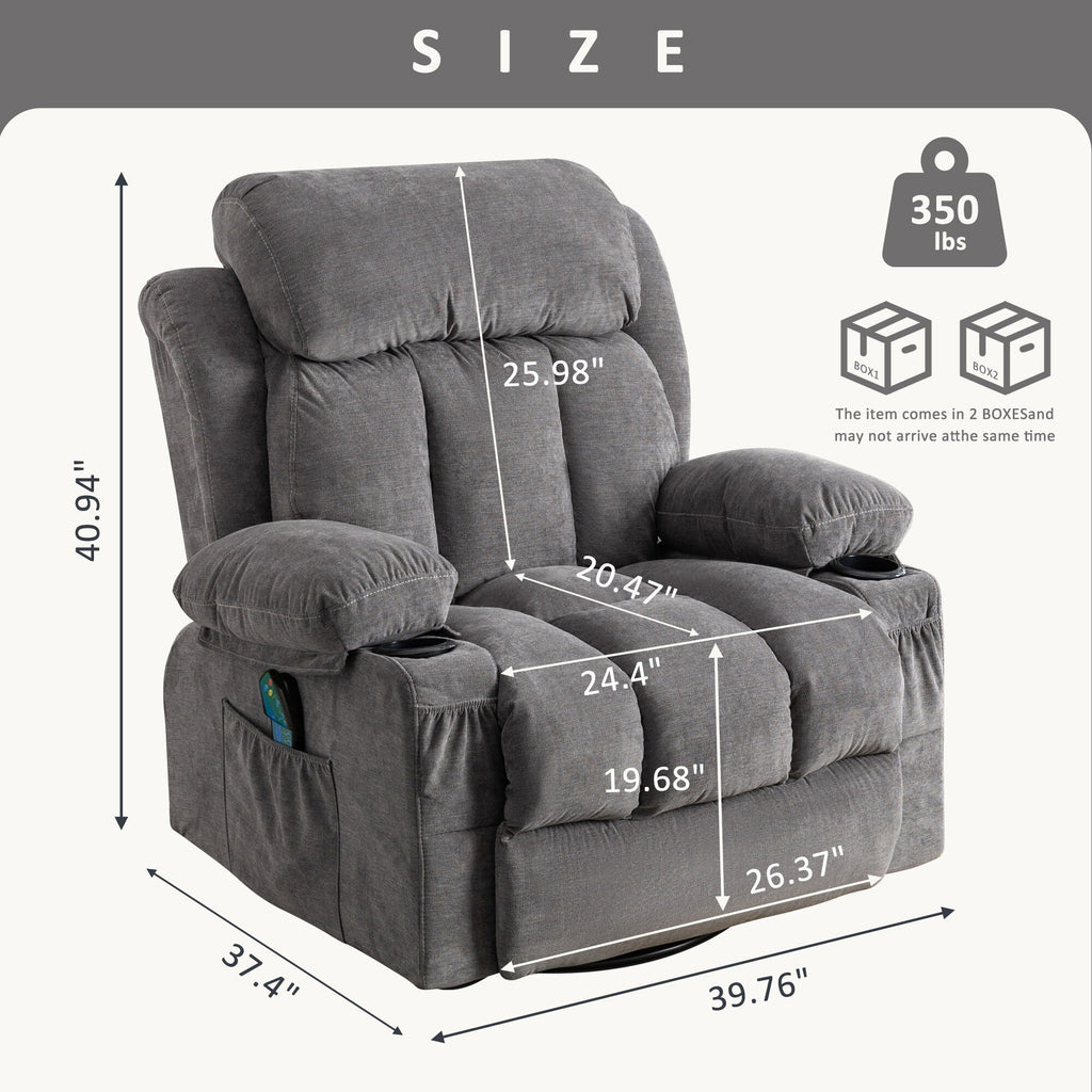 360° Swivel Recliner with Massage, Heat, USB Charging, Dual Cup Holders, and Spacious Side Pockets