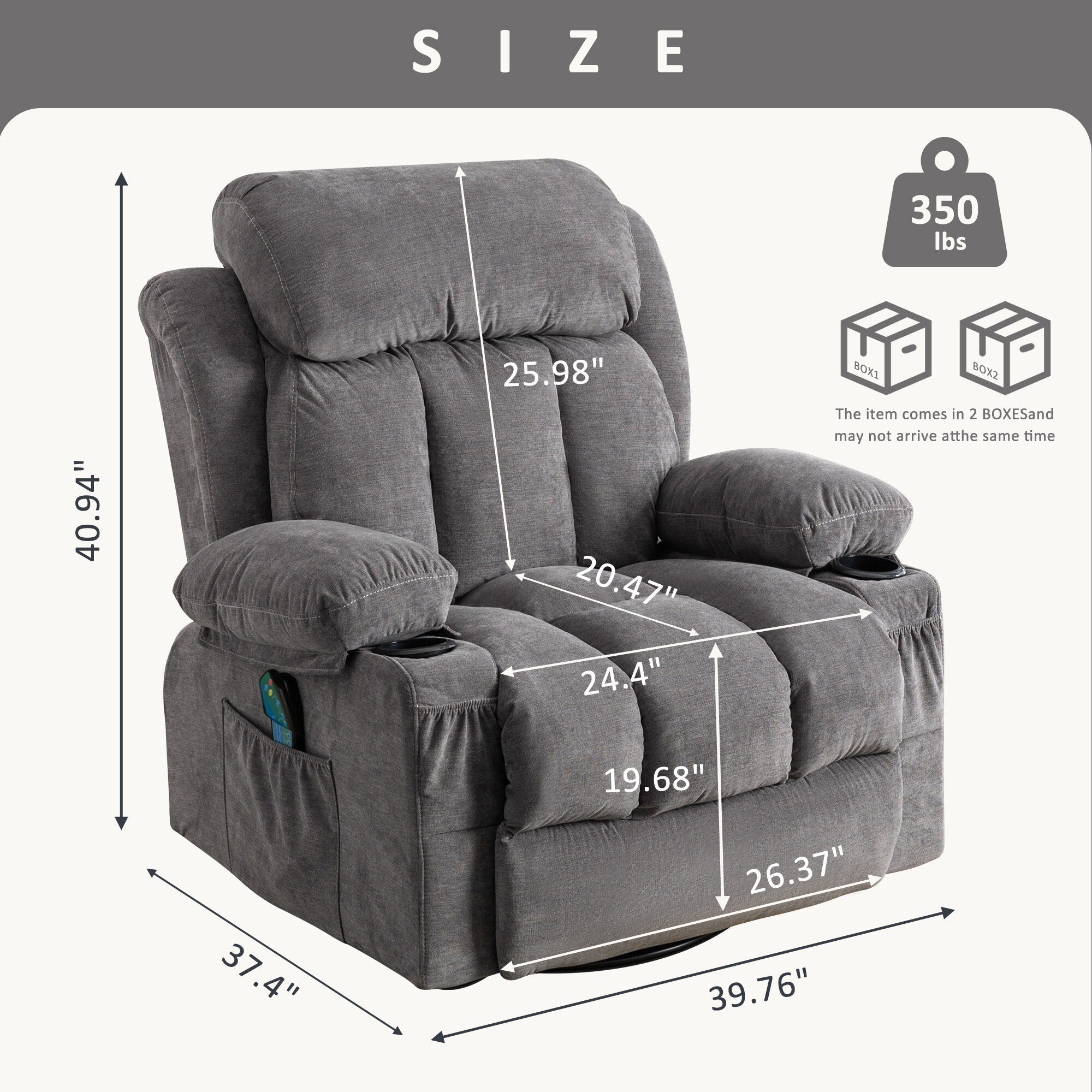 360° Swivel Recliner with Massage, Heat, USB Charging, Dual Cup Holders, and Spacious Side Pockets