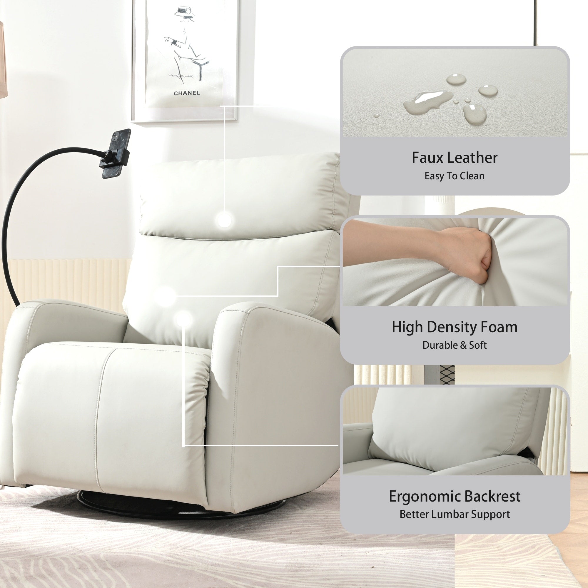 360° Swivel Reclining Glider Chair with Footrest, Phone Holder, and Adjustable Positions for Home Theater & Living Room