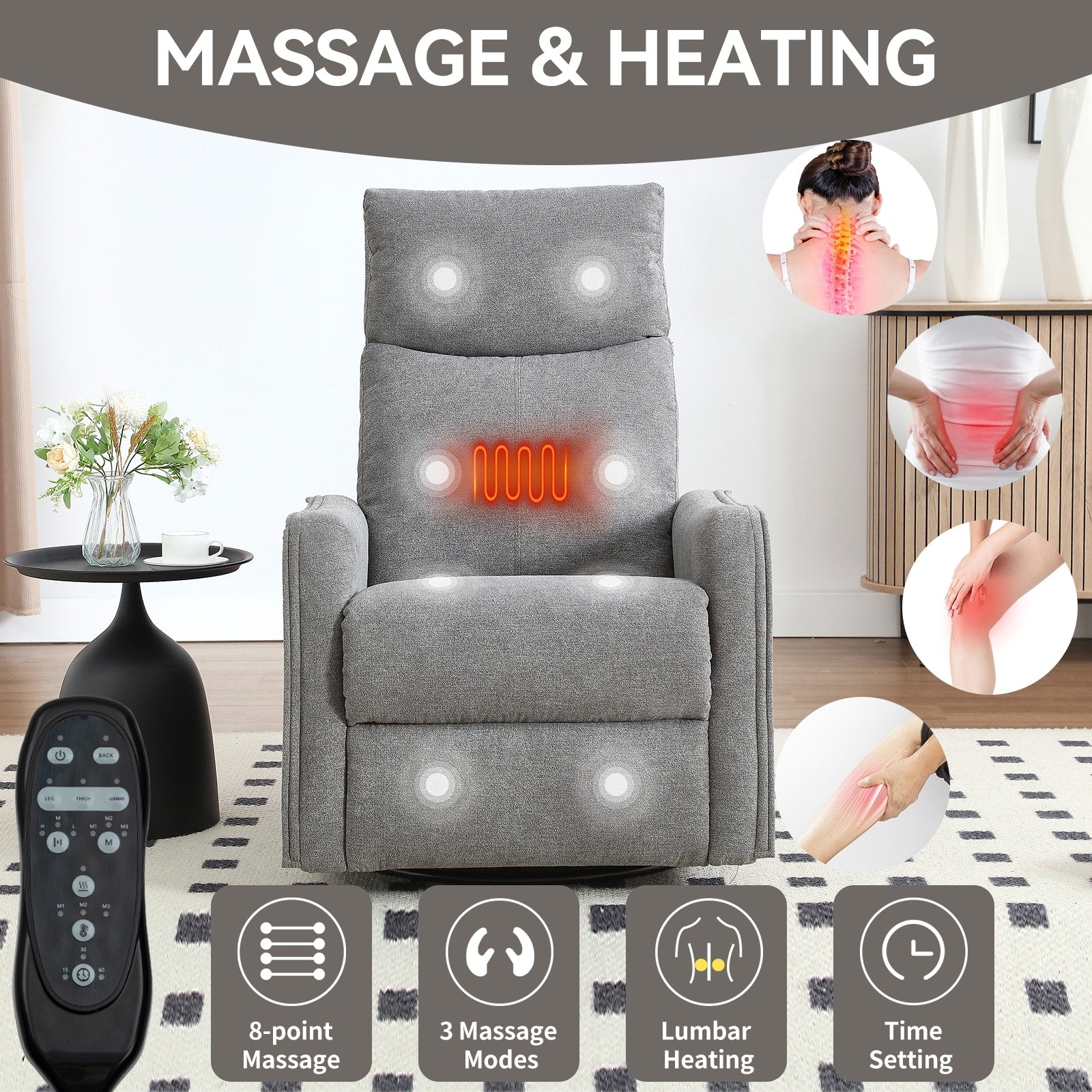 360Â° Swivel Rocker Recliner Chair with Massage and Lumbar Heating