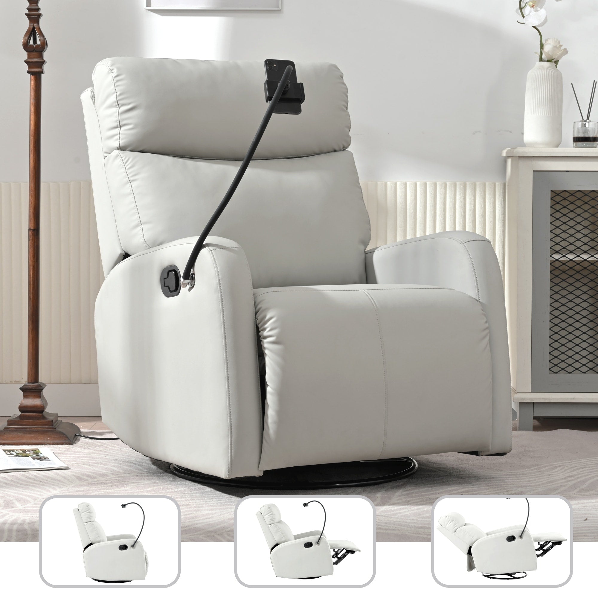 360Â° Swivel Rocking Recliner Chair with Phone Holder, Footrest, Adjustable Position for Living Room & Home Theater