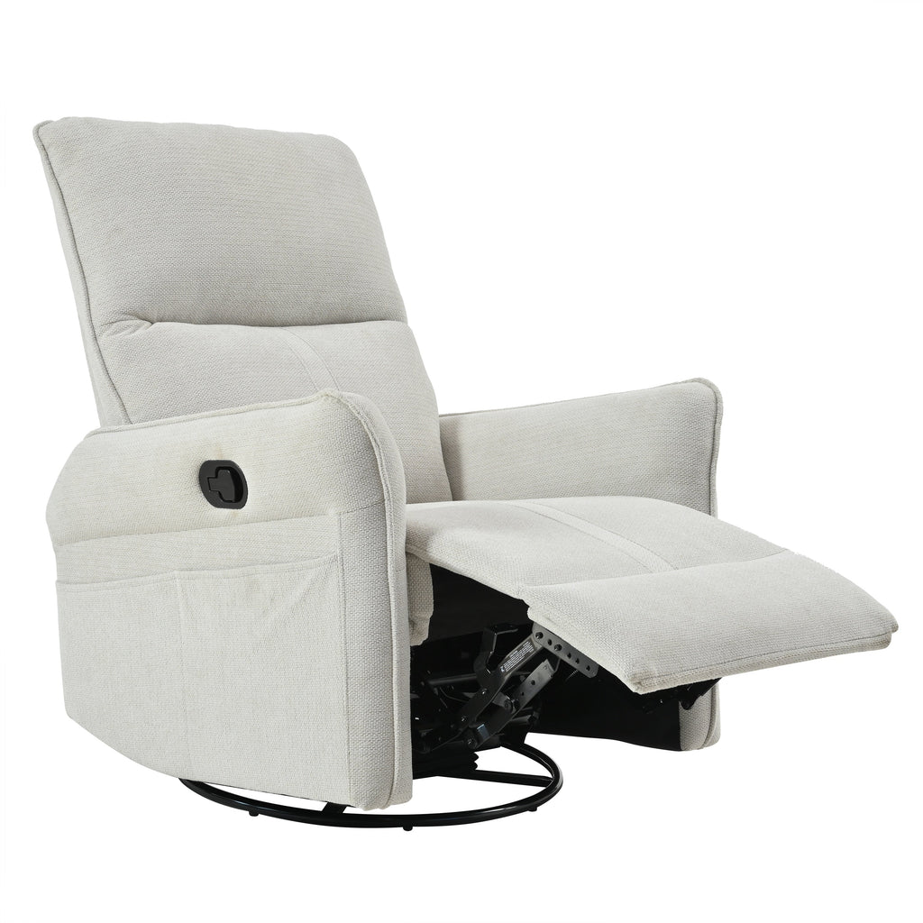 360° Swivel Rocking Recliner Chair, Manual Glider with Footrest, Modern Padded Lounge Chair for Small Spaces, Side Pockets