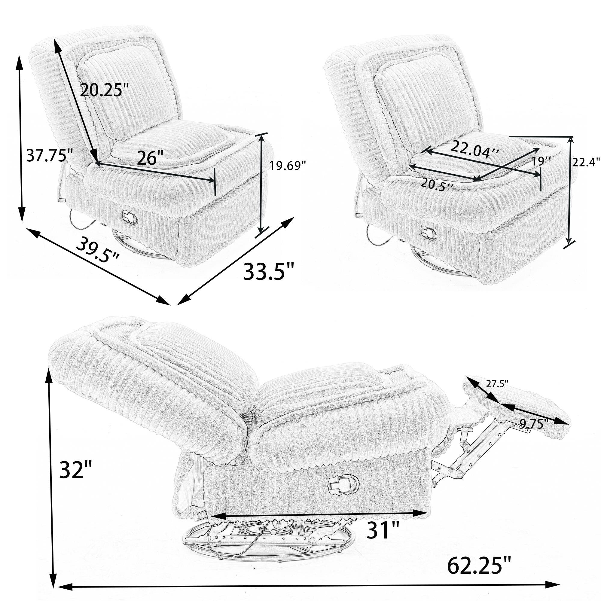 360° Swivel Rocking Single Sofa,Recliner Sofa, Manual Glider Rocking Armless Chair,Living Room Office